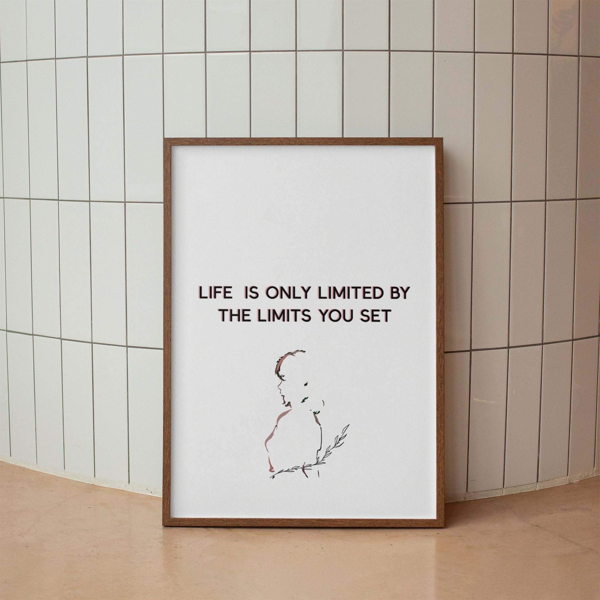Minimalist motivational printable wall art featuring the quote 'Life is only limited by the limits you set' with a delicate line drawing of a woman holding a leafy branch, perfect for inspiring modern, calm, and empowering spaces