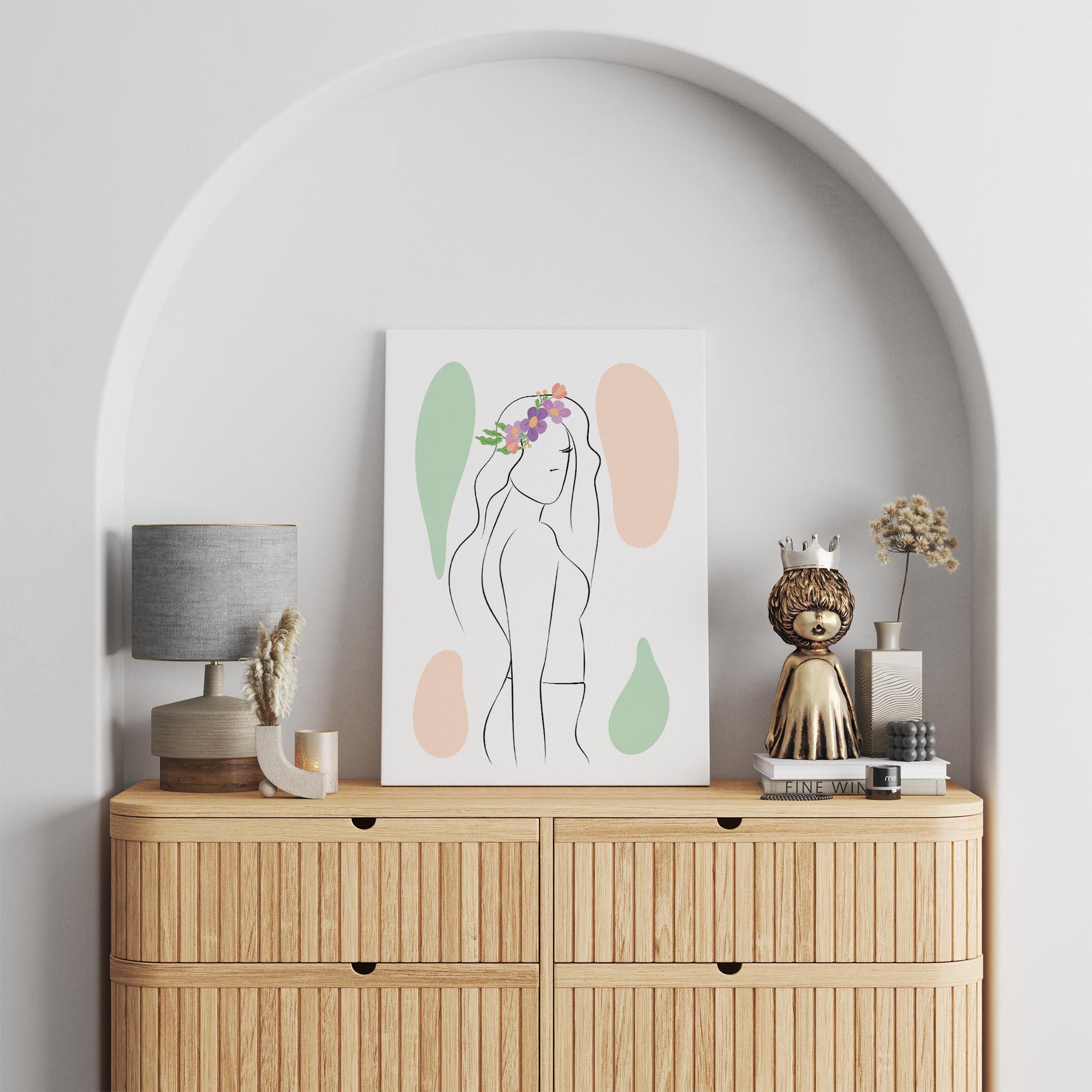 Minimalist line art of a woman in profile adorned with a floral crown, set against soft green and beige abstract shapes, modern feminine printable wall decor