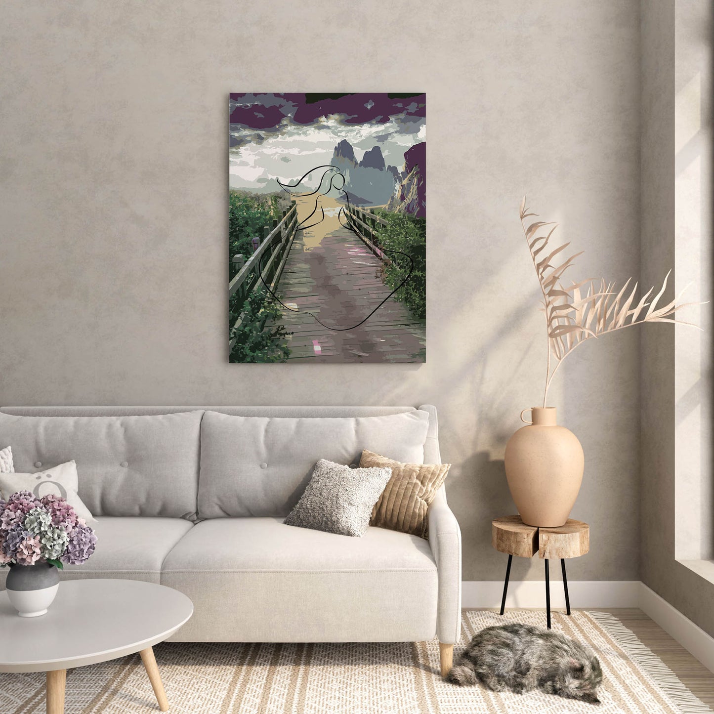 Scenic printable wall art featuring a moody mountain landscape with a wooden bridge path, overlaid with a flowing minimalist line drawing of a woman, blending nature and elegance in a dreamlike, artistic composition