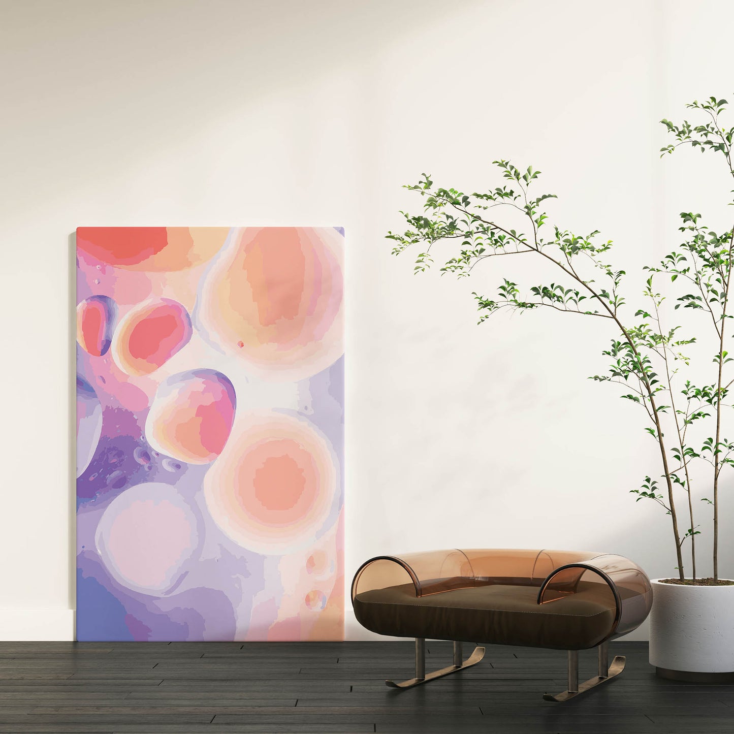 Dreamy abstract printable wall art featuring soft, fluid shapes in pink, peach, lavender, and coral tones, creating a calming, ethereal effect perfect for modern or pastel-themed interiors
