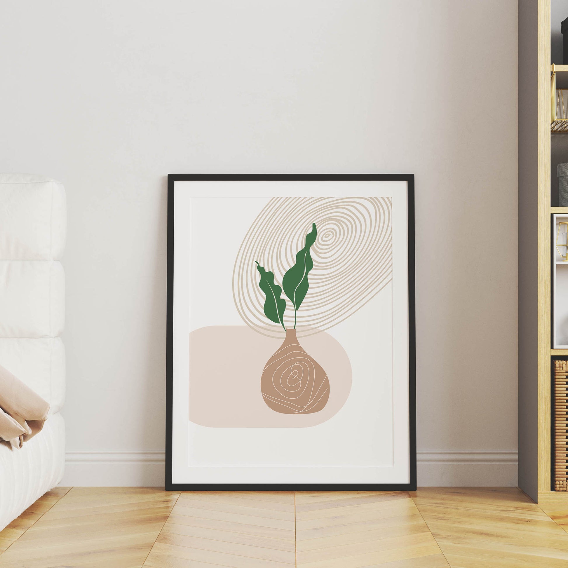 Modern abstract printable wall art featuring a minimalist plant in a bulb-shaped vase with organic line detailing, ideal for boho, Scandinavian, or nature-inspired home decor.