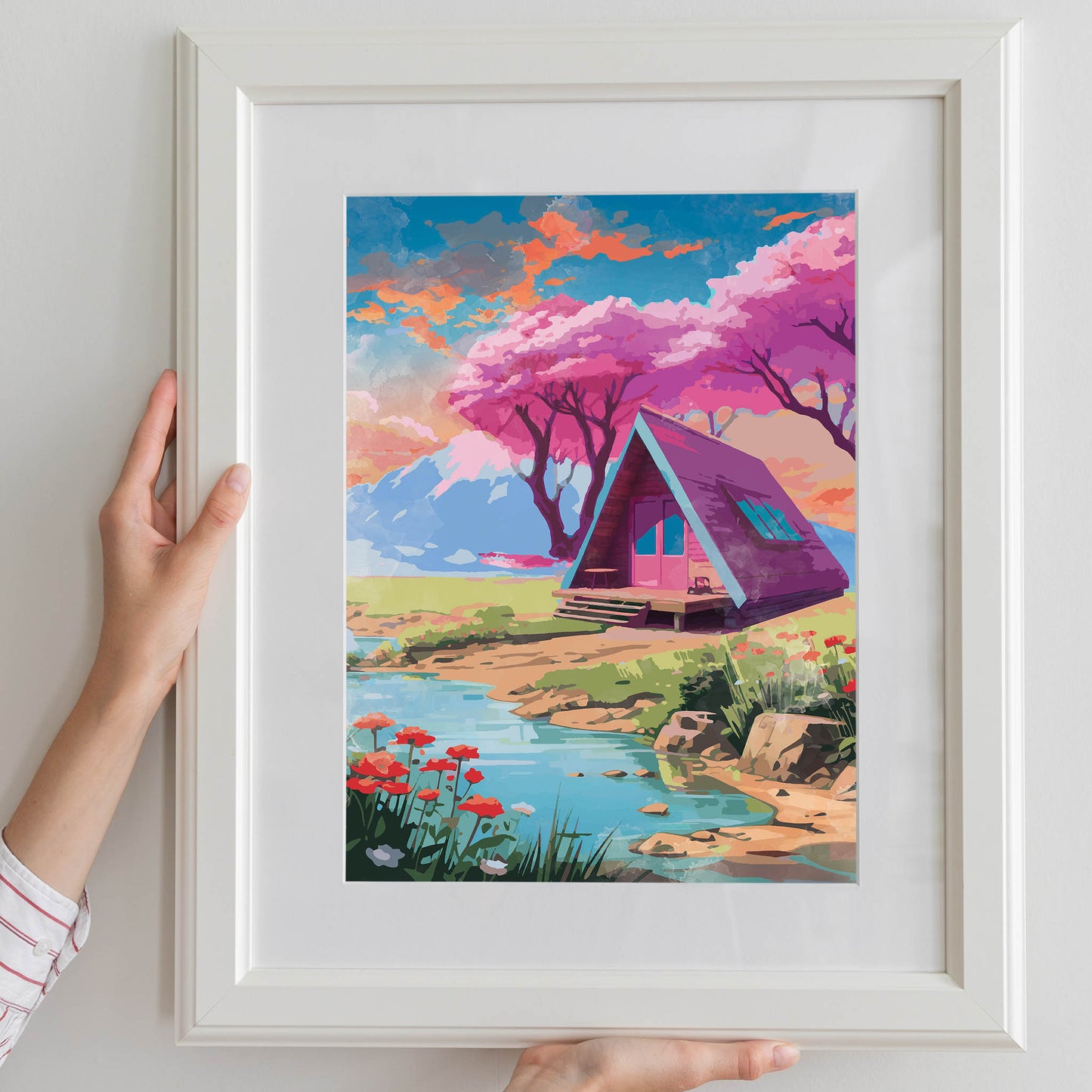 Pink Cabin Watercolor Print - SweetPixelCreations
