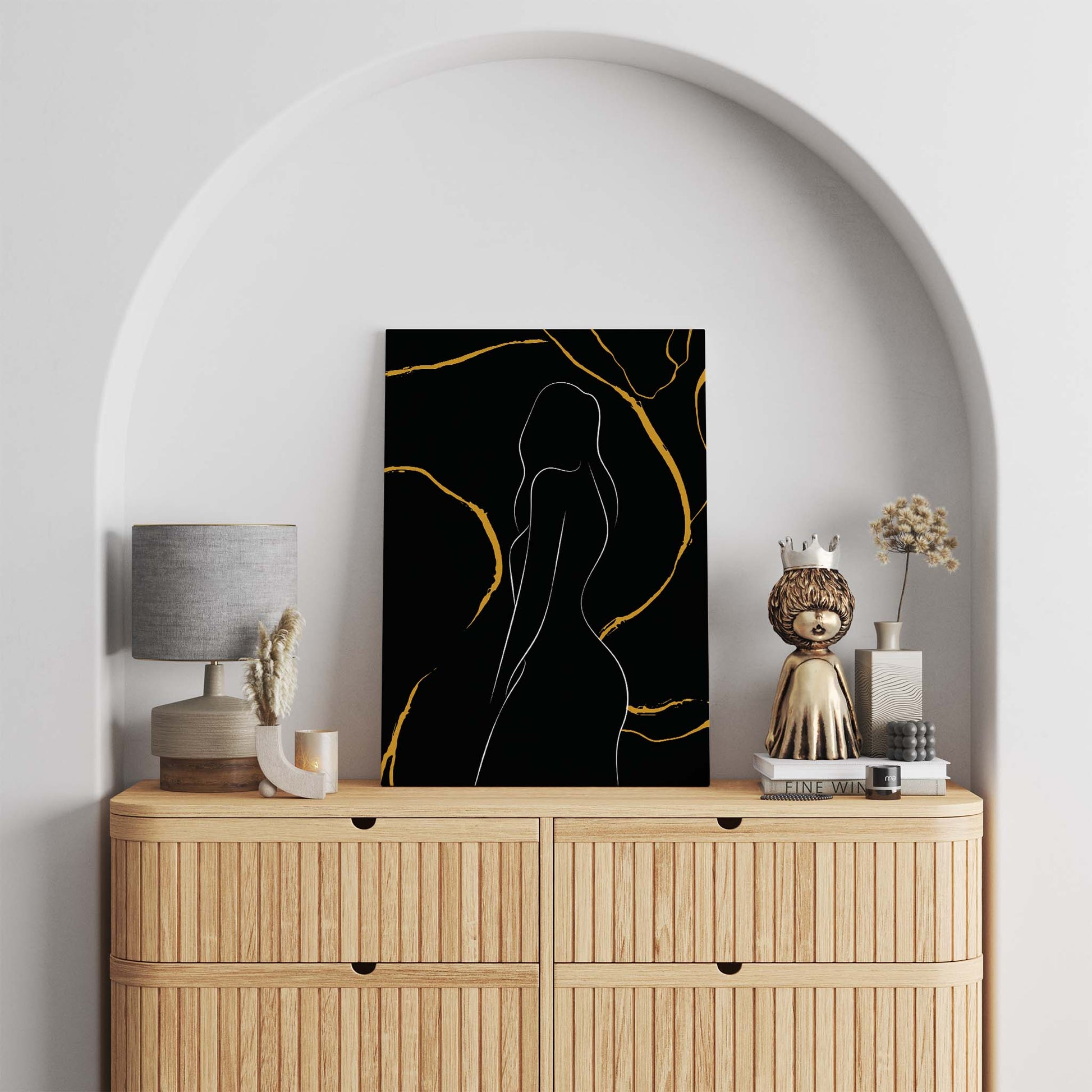 Minimalist line art of a woman’s silhouette on a black background with elegant gold marbling accents, modern and luxurious printable wall art
