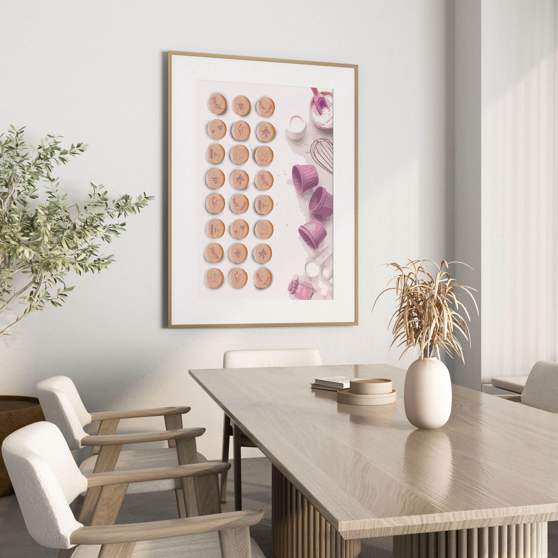 Whimsical baking-themed printable wall art featuring rows of hand-decorated cookies with floral and geometric designs, alongside pastel pink baking tools - perfect for kitchen or bakery decor