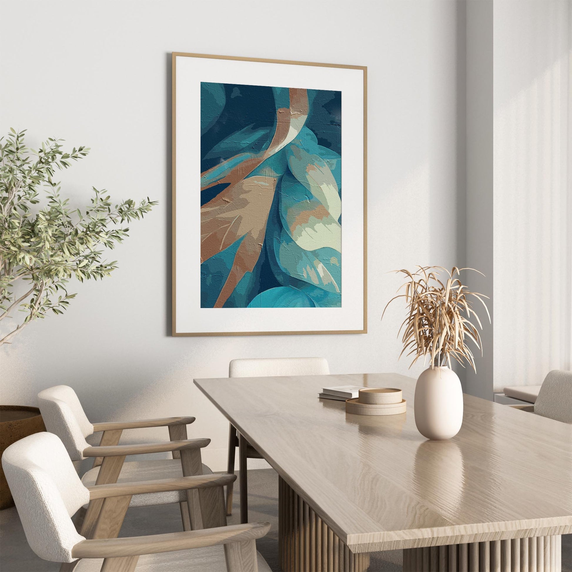 Elegant abstract printable wall art featuring layered brushstroke patterns in rich teal, turquoise, beige, and brown tones with a textured, painterly effect, perfect for adding depth and sophistication to modern interiors