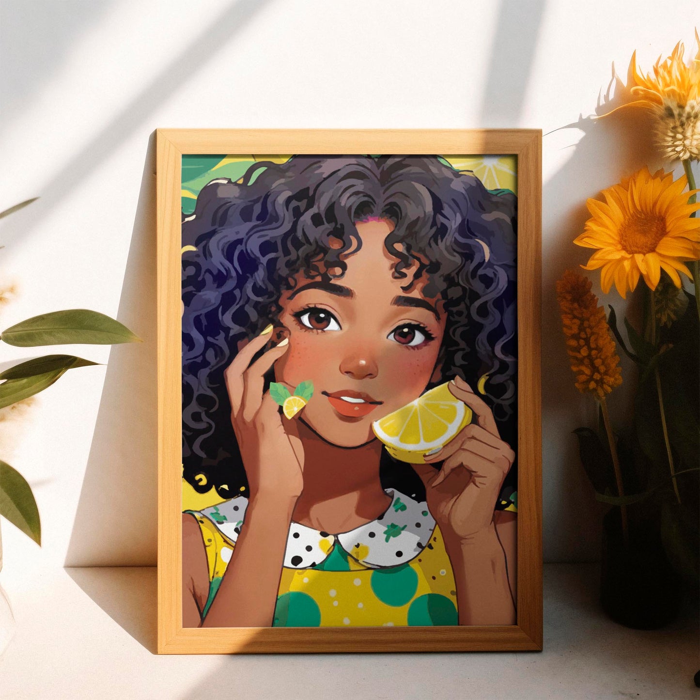 Vibrant printable wall art of a smiling woman with curly hair holding a lemon slice, dressed in a yellow polka-dot outfit with fresh, playful summer vibes, perfect for kitchen or cheerful decor spaces