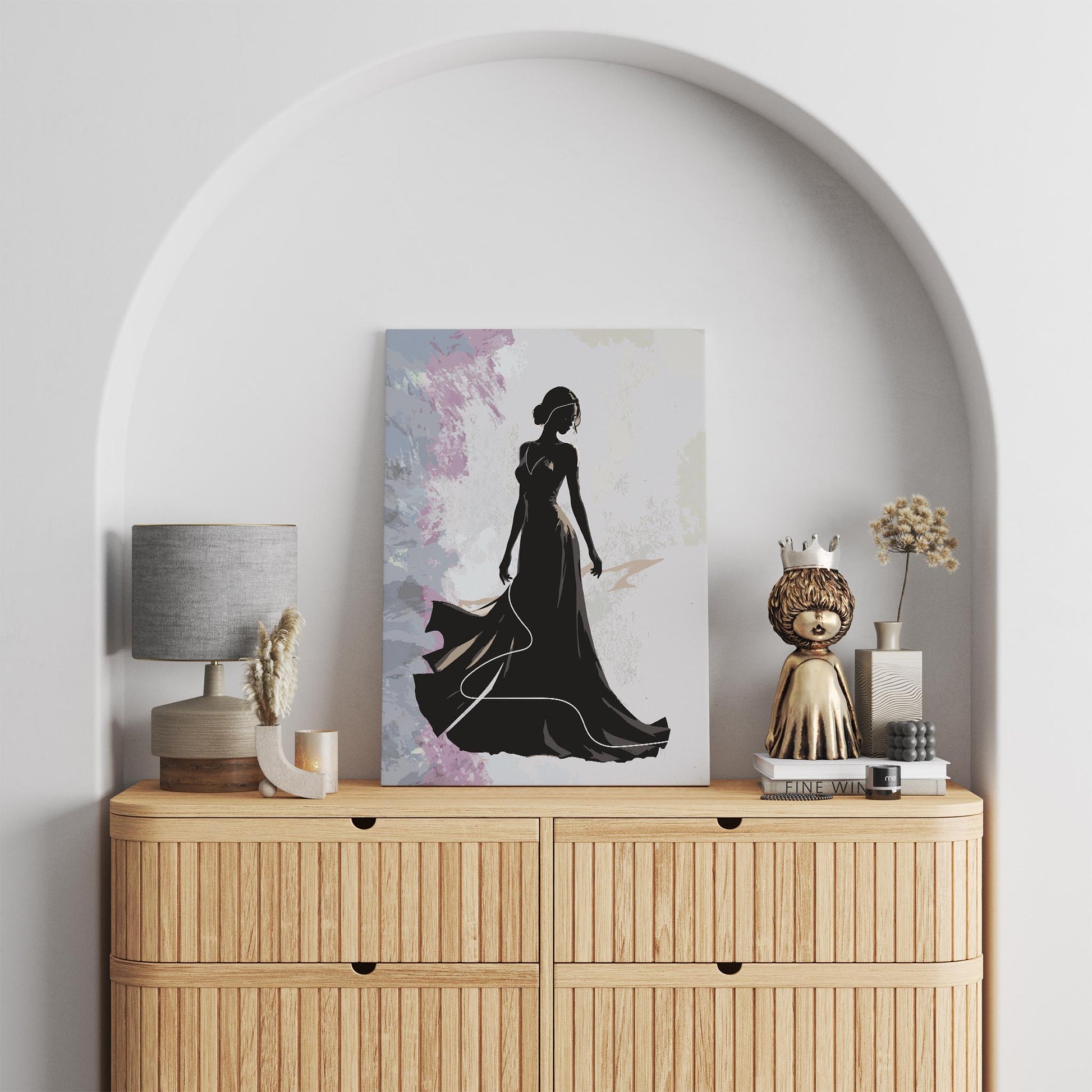 Elegant silhouette of a woman in a flowing evening gown, captured in a graceful pose against a textured abstract background, sophisticated fashion-inspired wall art for modern interiors or dressing rooms.