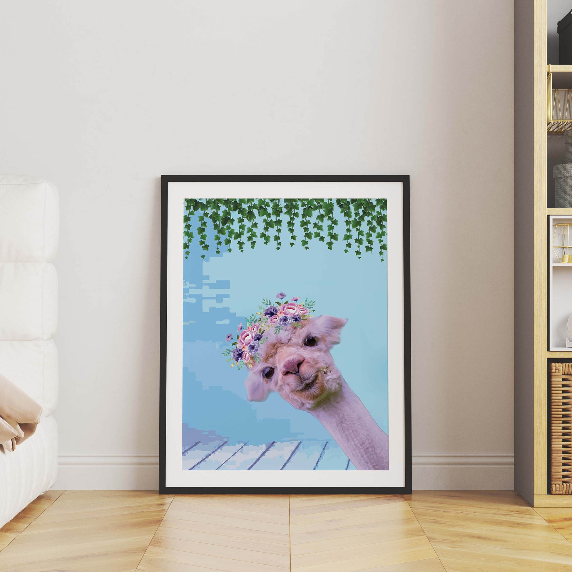 Whimsical printable wall art featuring a cute alpaca with a floral crown, set against a pastel blue background with hanging greenery, perfect for kids’ rooms, nurseries, or boho animal decor lovers.
