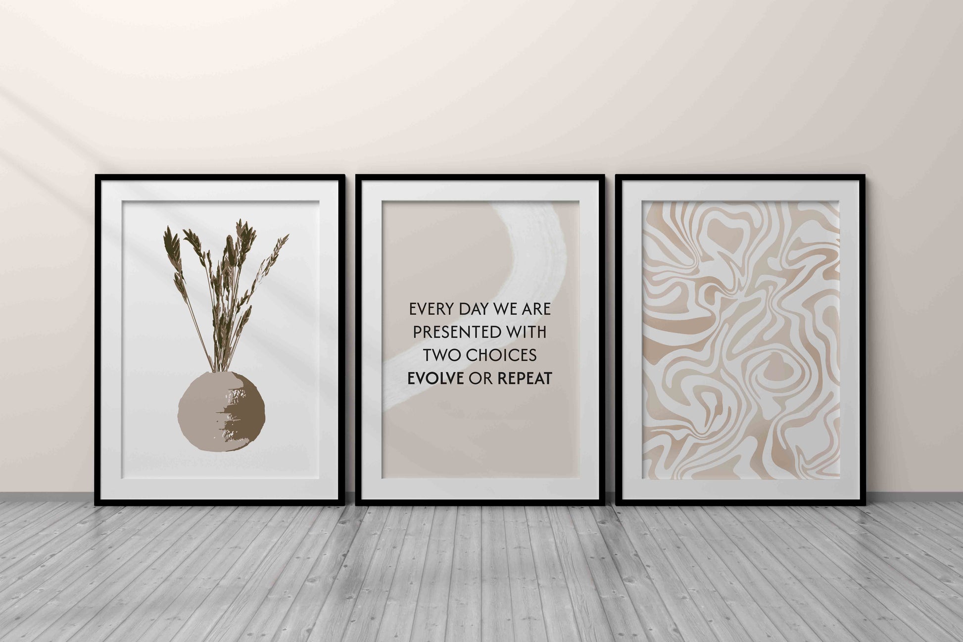 Minimalist printable wall art bundle featuring three coordinated prints: a dried grass arrangement in a round vase, a motivational quote reading 'Every day we are presented with two choices: evolve or repeat', and an abstract beige swirl pattern, perfect for modern, Scandinavian, or boho-inspired interiors
