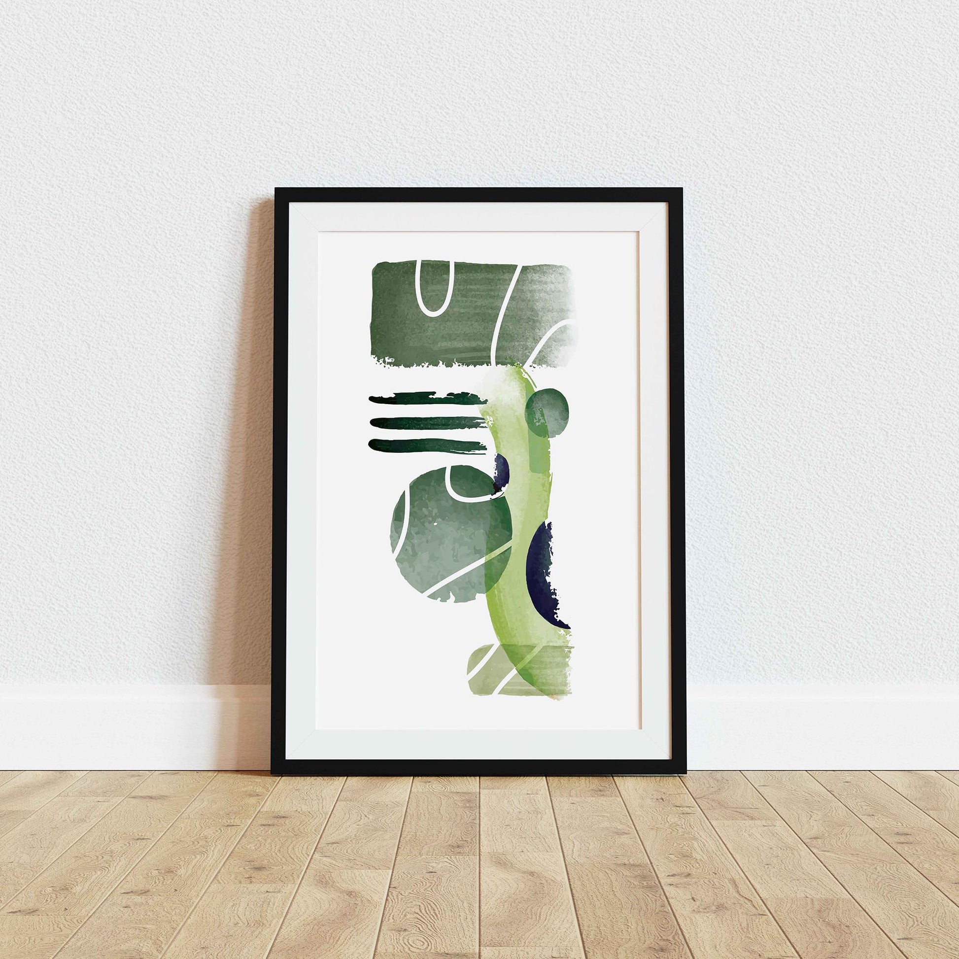 Modern abstract printable wall art featuring layered geometric shapes and textured brushstrokes in earthy green tones with subtle white accents, perfect for minimalist, nature-inspired, or contemporary spaces
