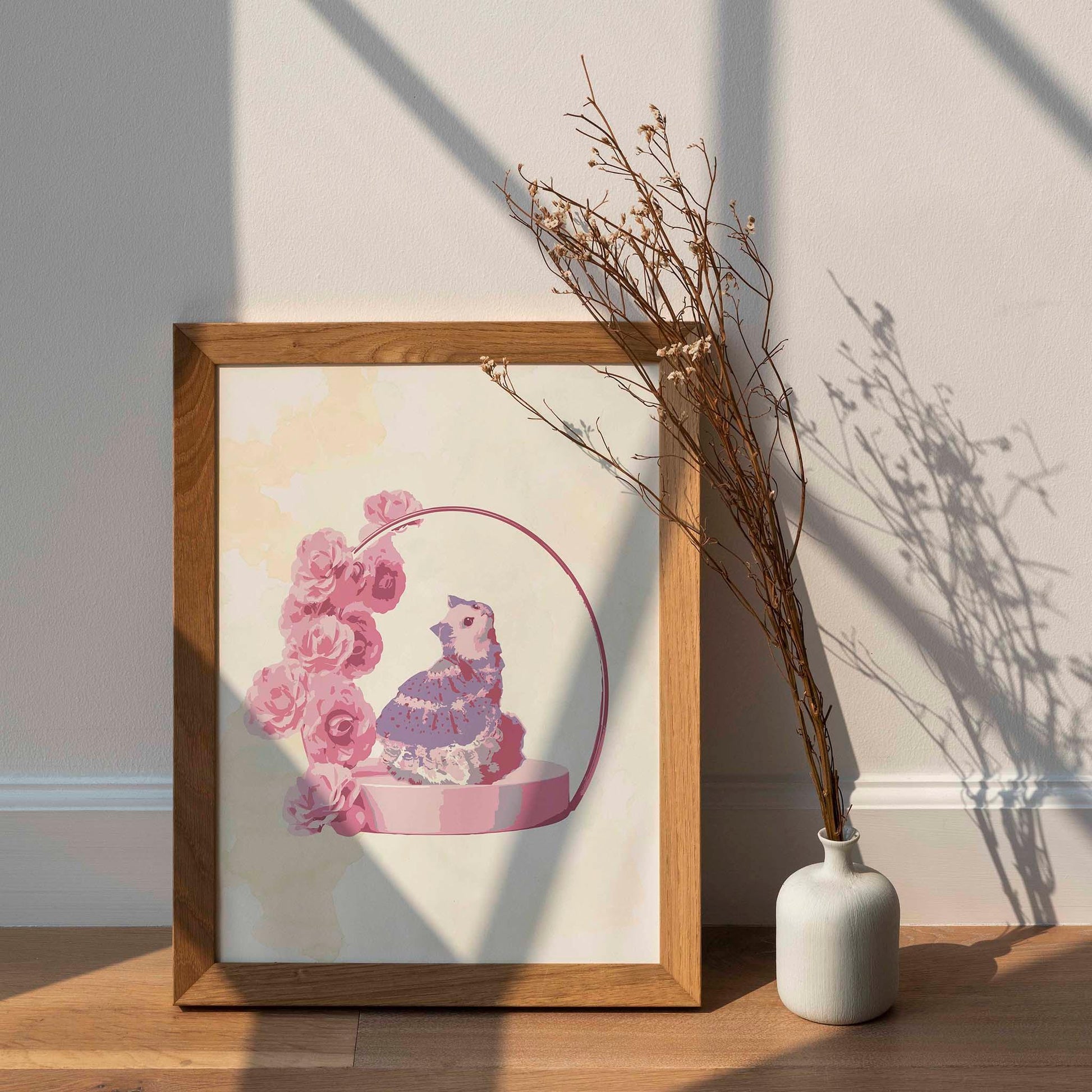 Printable wall art of a whimsical cat wearing a frilly purple dress, sitting on a round pink pedestal adorned with pink roses and a delicate arch, perfect for romantic, feminine home decor