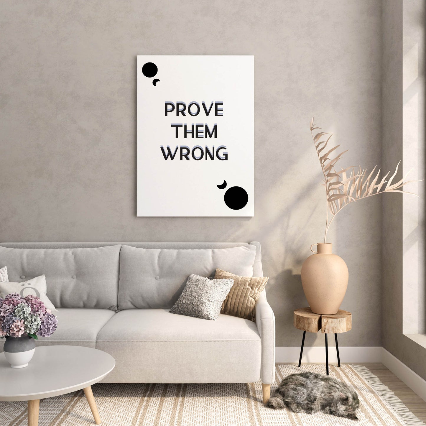 Minimalist motivational printable wall art with the bold quote 'Prove Them Wrong' in modern black gradient typography, accented by abstract black circles and crescent shapes on a clean white background, ideal for office, gym, or study space inspiration