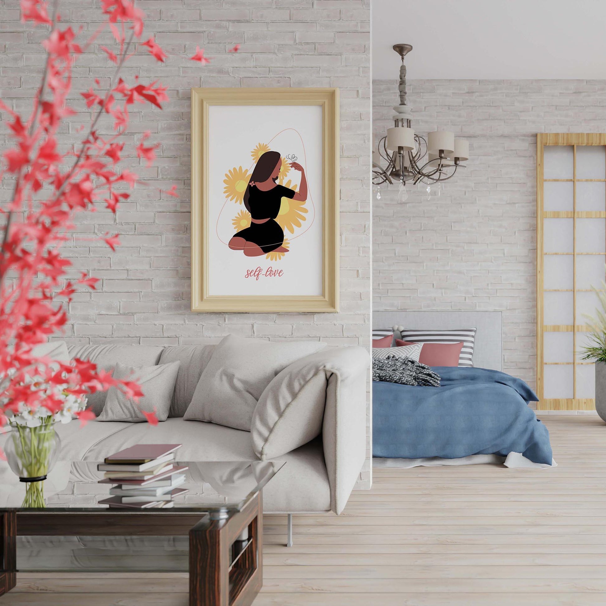 Minimalist printable wall art showcasing a woman in a black outfit surrounded by yellow daisies, holding a butterfly with the phrase 'self-love' below - perfect for empowering, self-care-themed home decor