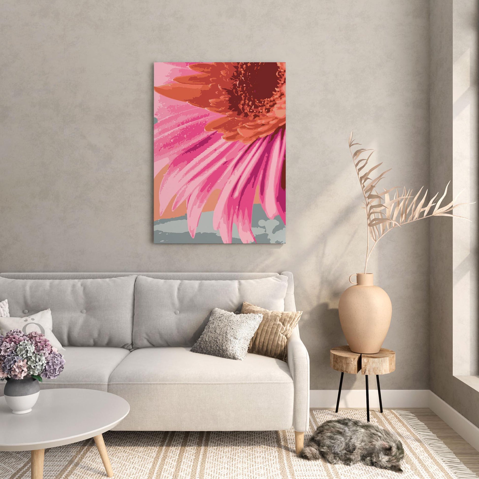 Vibrant close-up digital painting of a pink and orange daisy flower, perfect printable wall art for adding bold color and botanical charm to modern interiors.