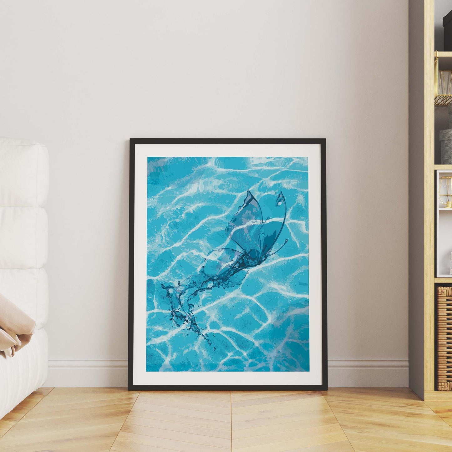 Abstract printable wall art featuring a transparent butterfly emerging from rippling turquoise water, perfect for serene, nature-inspired home decor