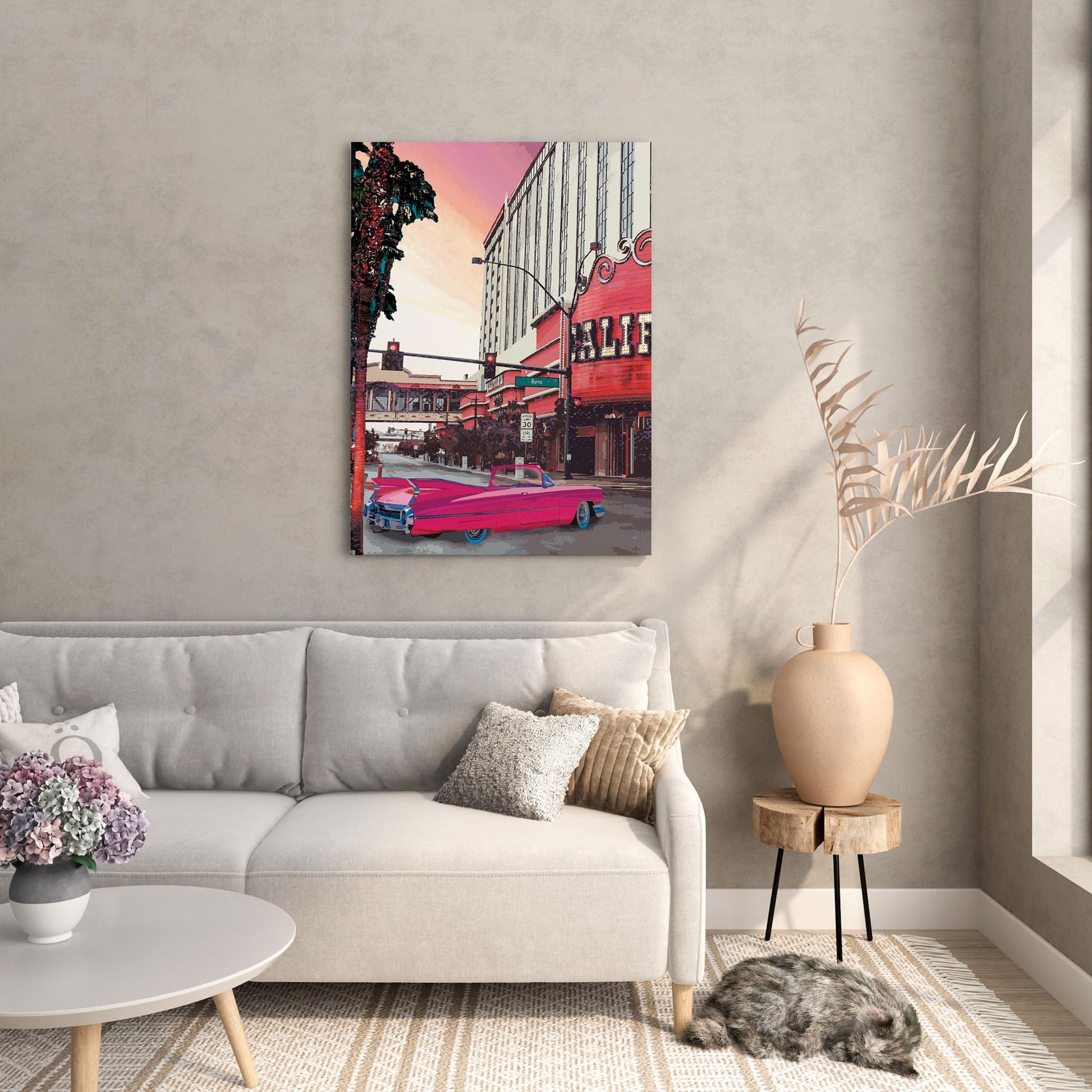 Printable wall art of a retro city street scene with a bright pink vintage convertible car, palm trees, and a classic theater marquee under a pastel sunset sky, perfect for nostalgic, urban-inspired home decor