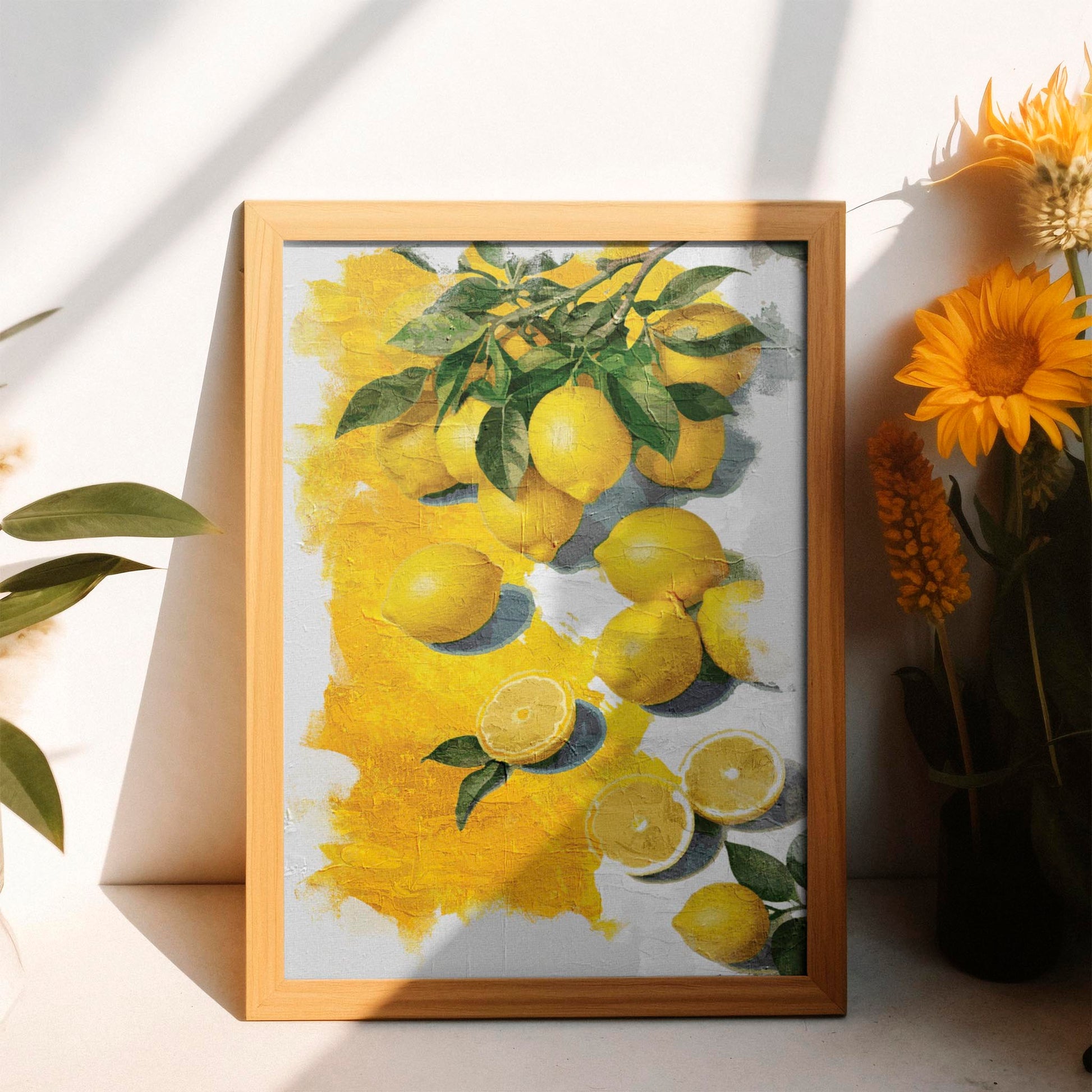 Printable wall art of vibrant yellow lemons with green leaves, some whole and some sliced, set against a textured white and yellow painted background, perfect for kitchen, farmhouse, or citrus-themed decor