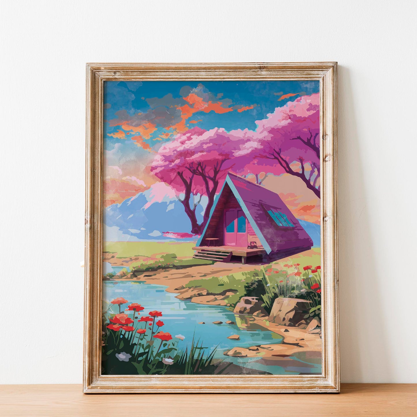 Pink Cabin Watercolor Print - SweetPixelCreations