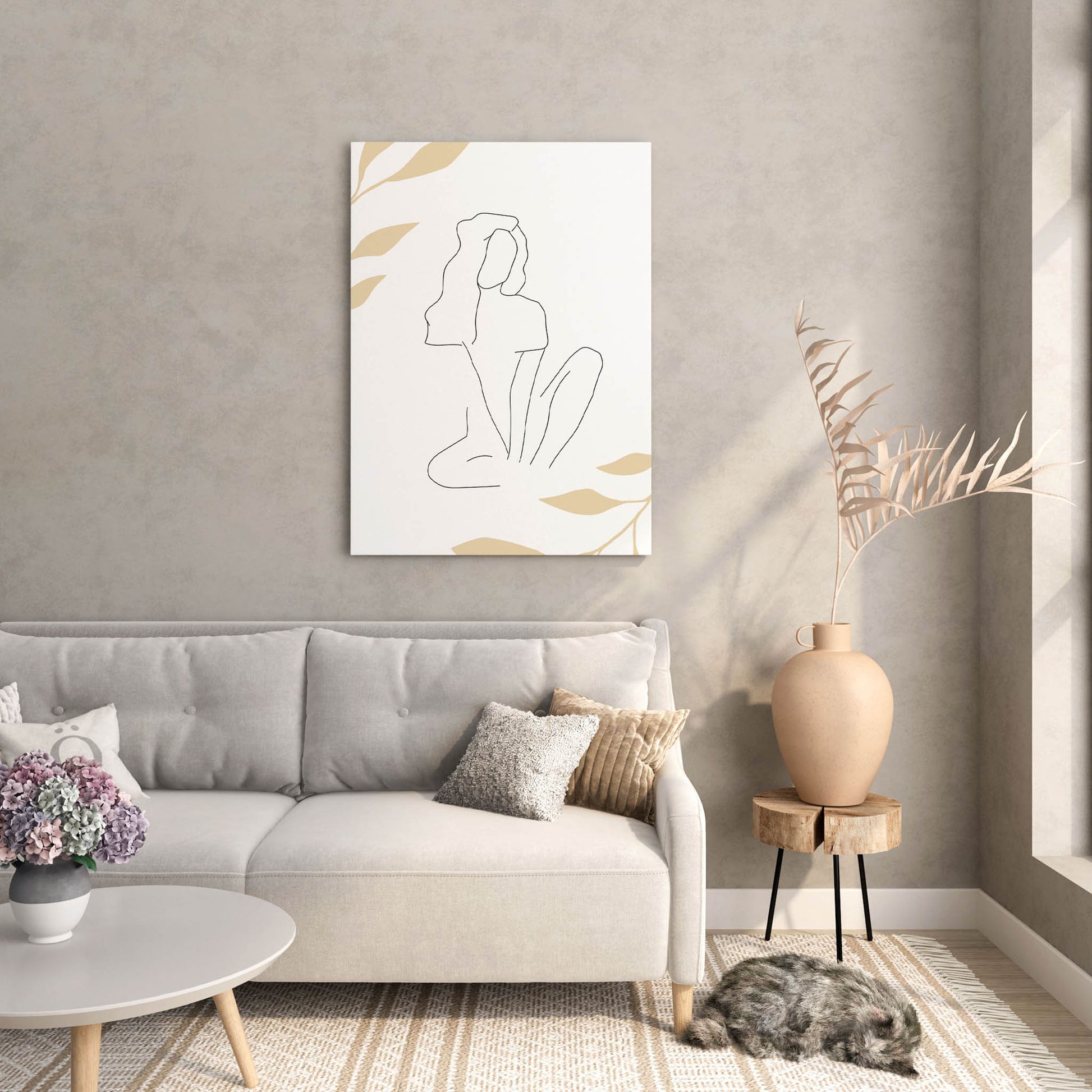 Minimalist line art of a seated woman with flowing hair, drawn in a single continuous stroke, surrounded by soft beige botanical elements on a light background, perfect for serene and modern interiors