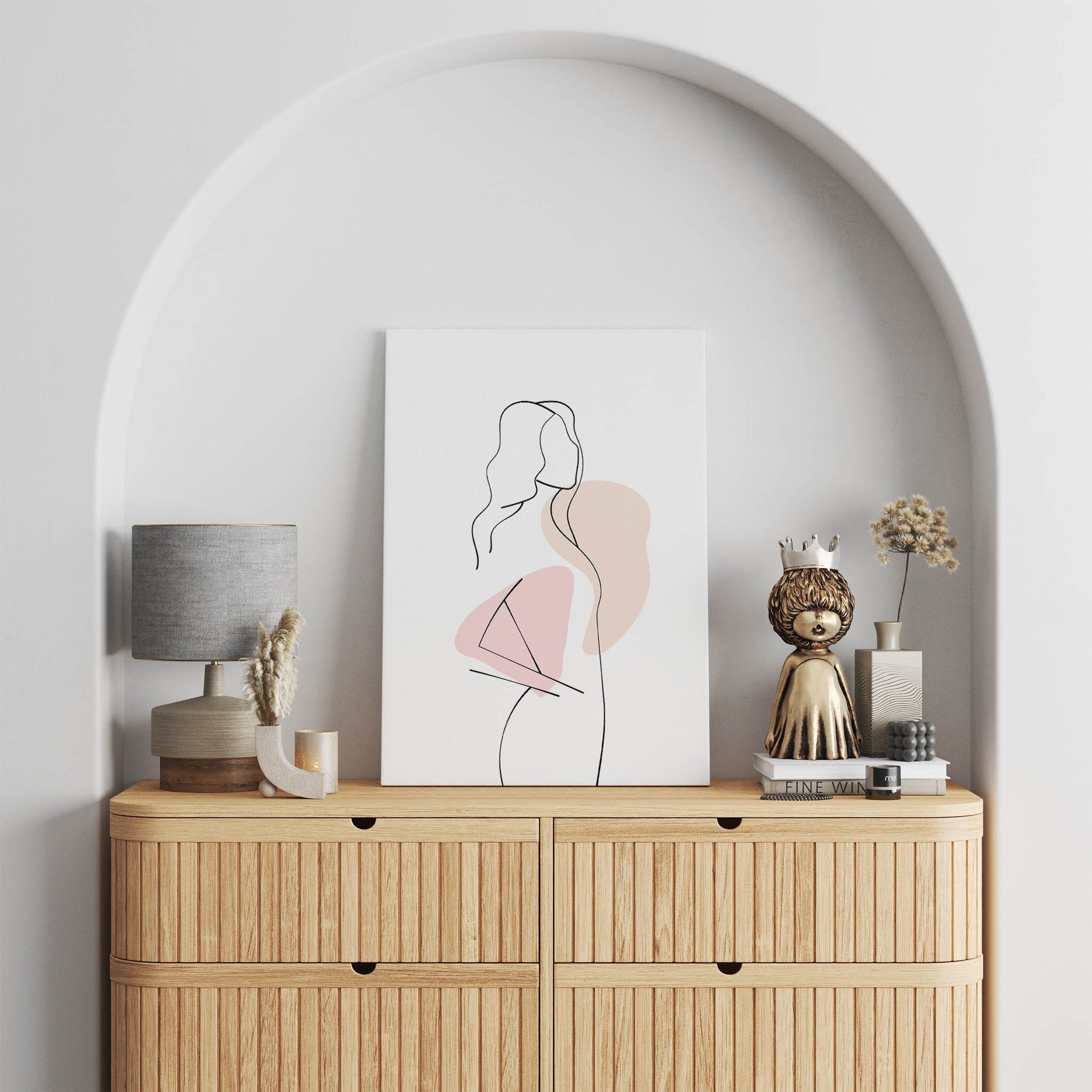 Abstract minimalist line art of a woman with soft pink and beige geometric shapes, modern boho-style printable wall decor with feminine elegance