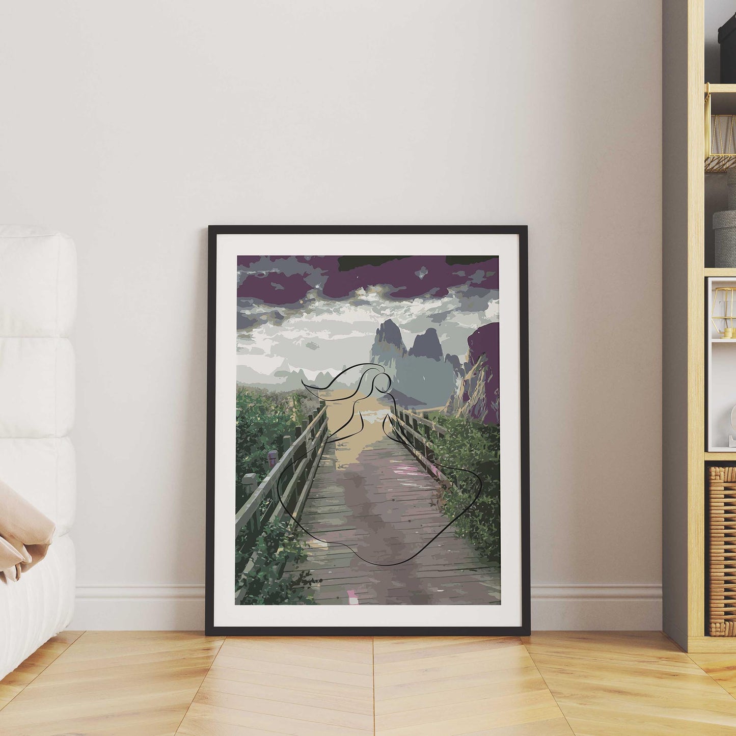Scenic printable wall art featuring a moody mountain landscape with a wooden bridge path, overlaid with a flowing minimalist line drawing of a woman, blending nature and elegance in a dreamlike, artistic composition