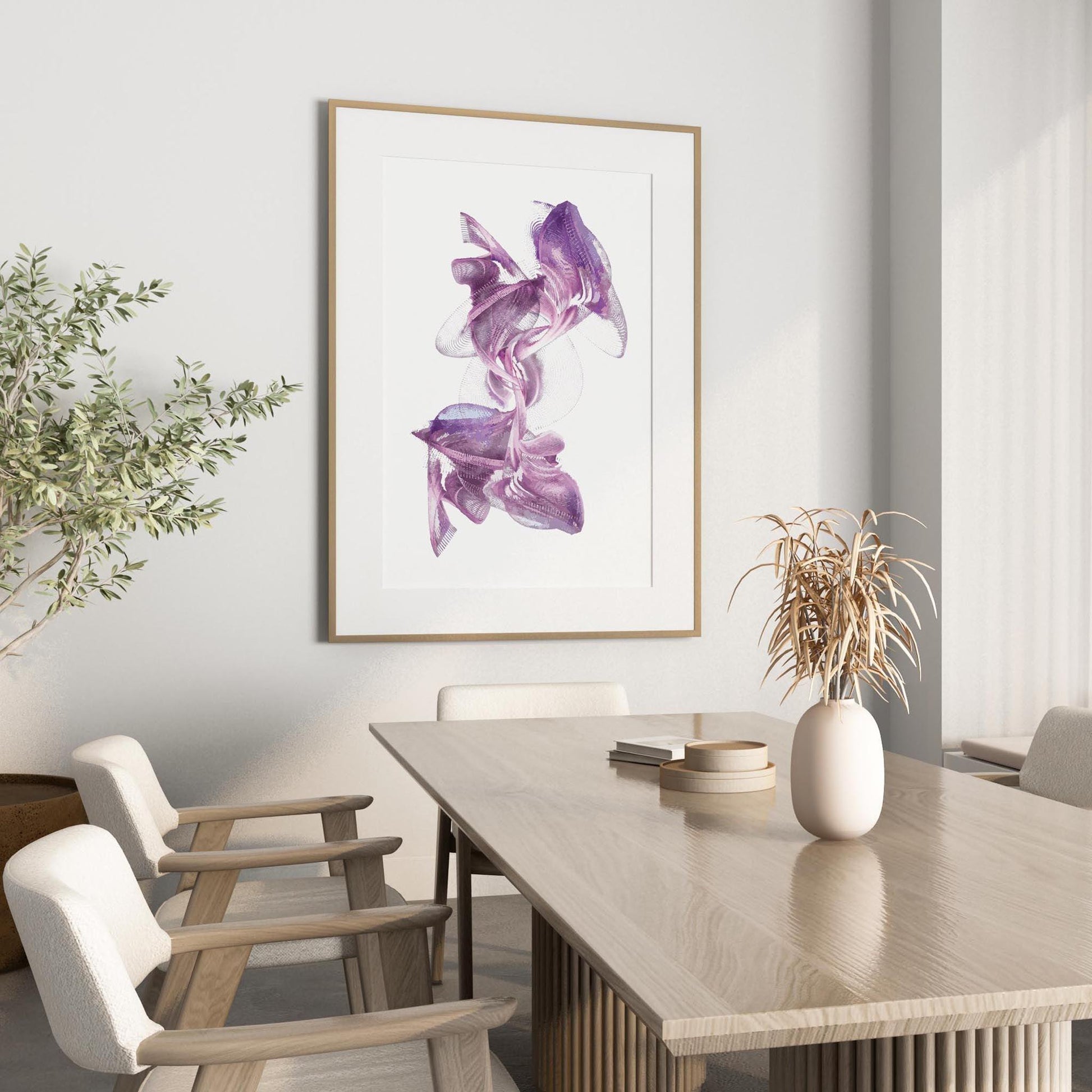 Elegant abstract printable wall art featuring fluid, ribbon-like shapes in rich purple tones with intricate line details on a clean white background, perfect for adding a touch of sophistication to modern spaces