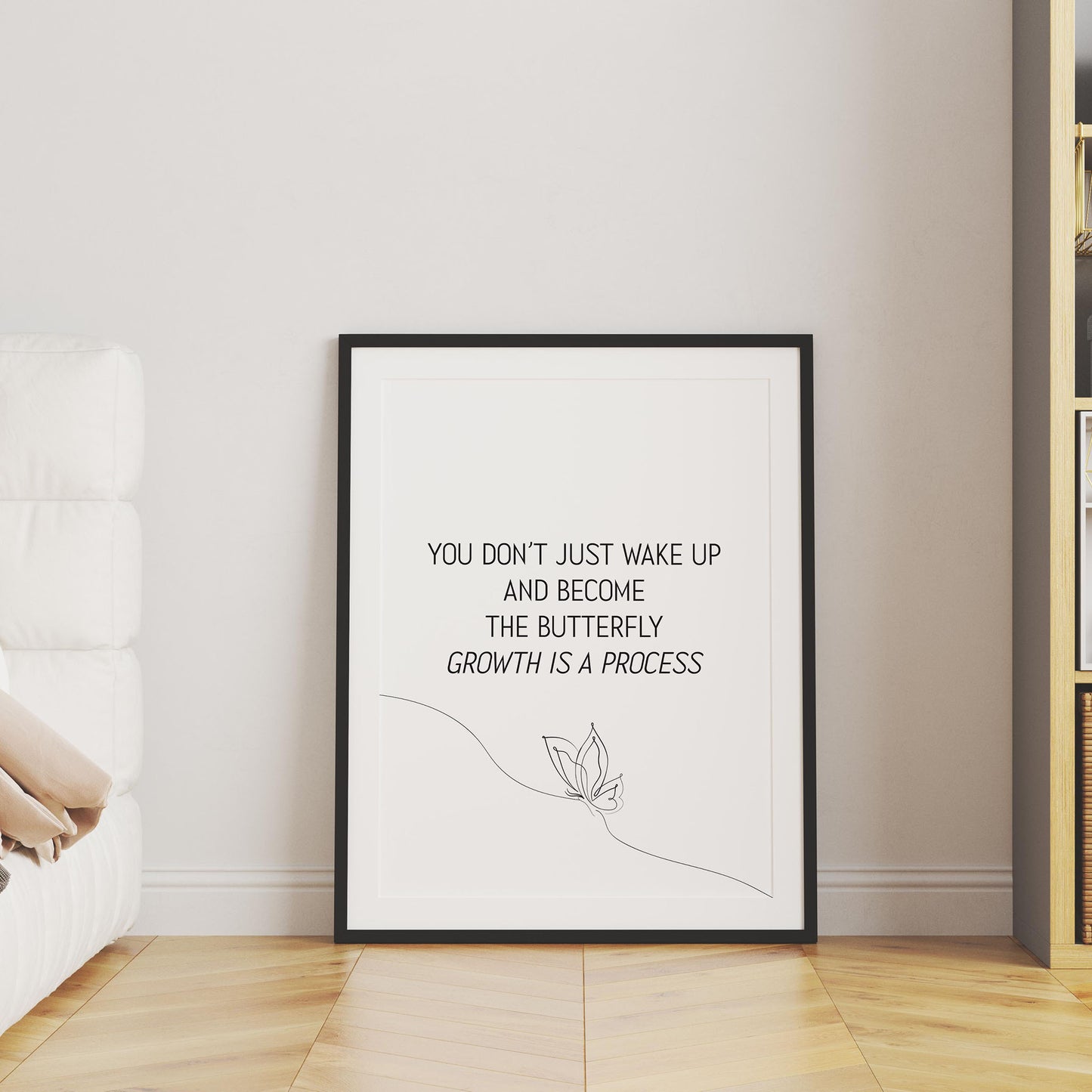 Elegant printable wall art featuring the inspirational quote 'You don’t just wake up and become the butterfly - growth is a process' in minimalist black typography, with a delicate one-line butterfly illustration, perfect for self-care, therapy, or personal development decor.