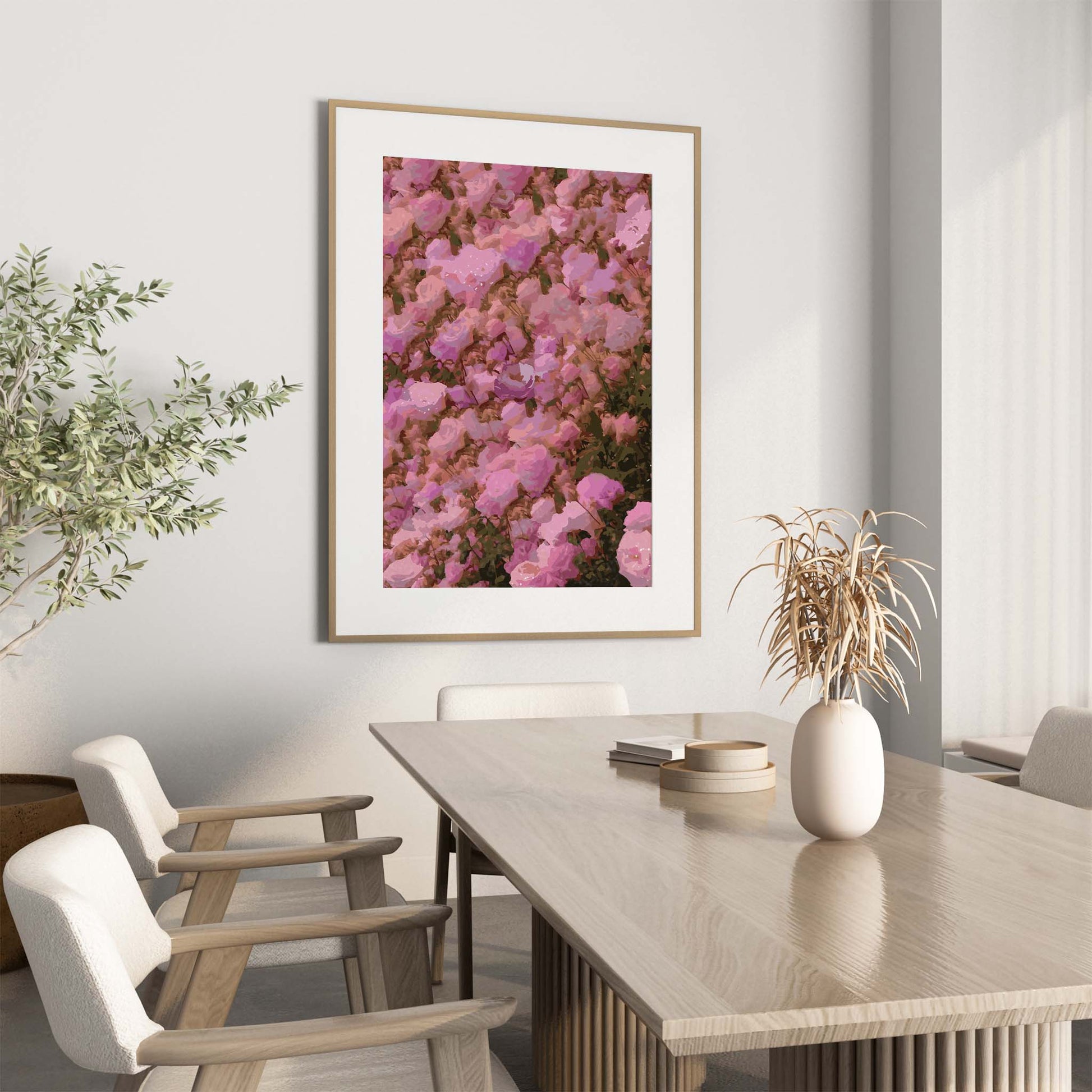 Impressionist-style pink floral printable wall art featuring a dense bloom of roses in soft and vivid pink tones, ideal for romantic interiors, bedroom decor, or floral-themed spaces.