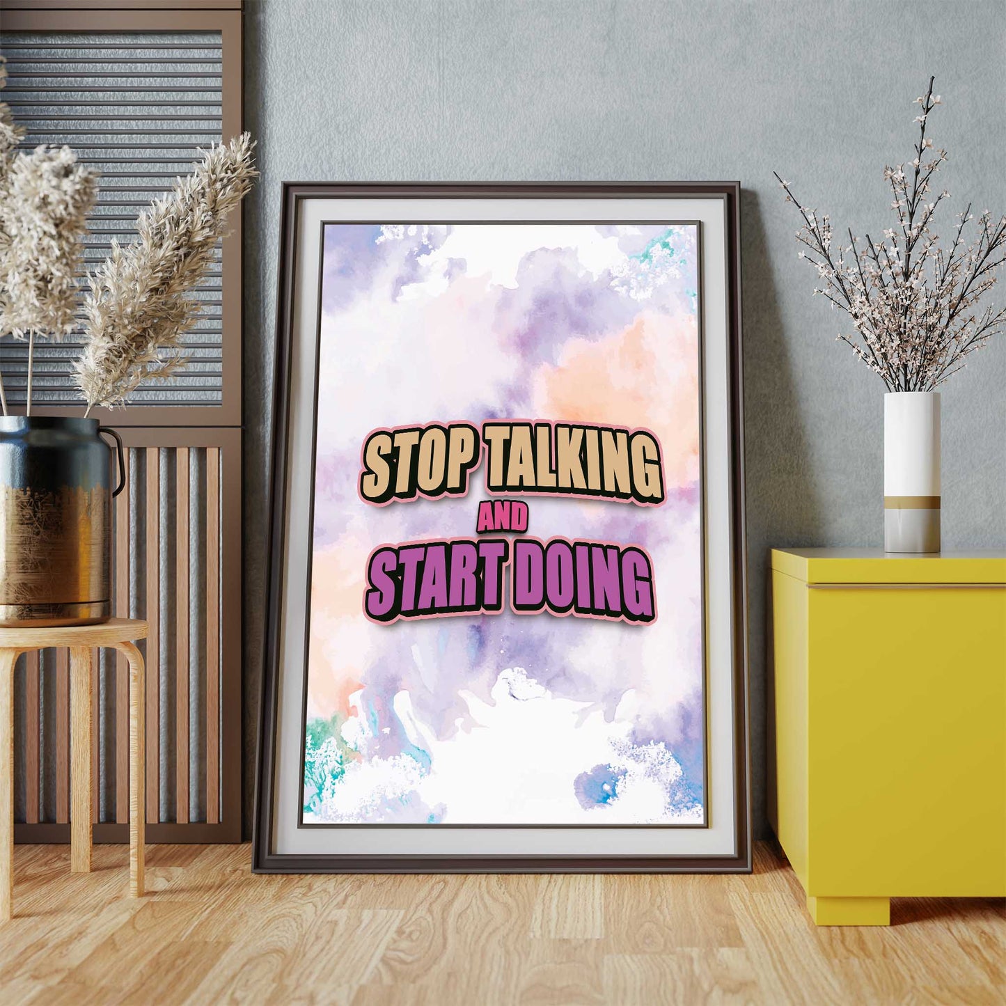 Bold motivational printable wall art featuring the quote 'Stop Talking and Start Doing' in dynamic beige and purple typography over a colourful pastel watercolour background, perfect for energising offices, gyms, or creative workspaces.