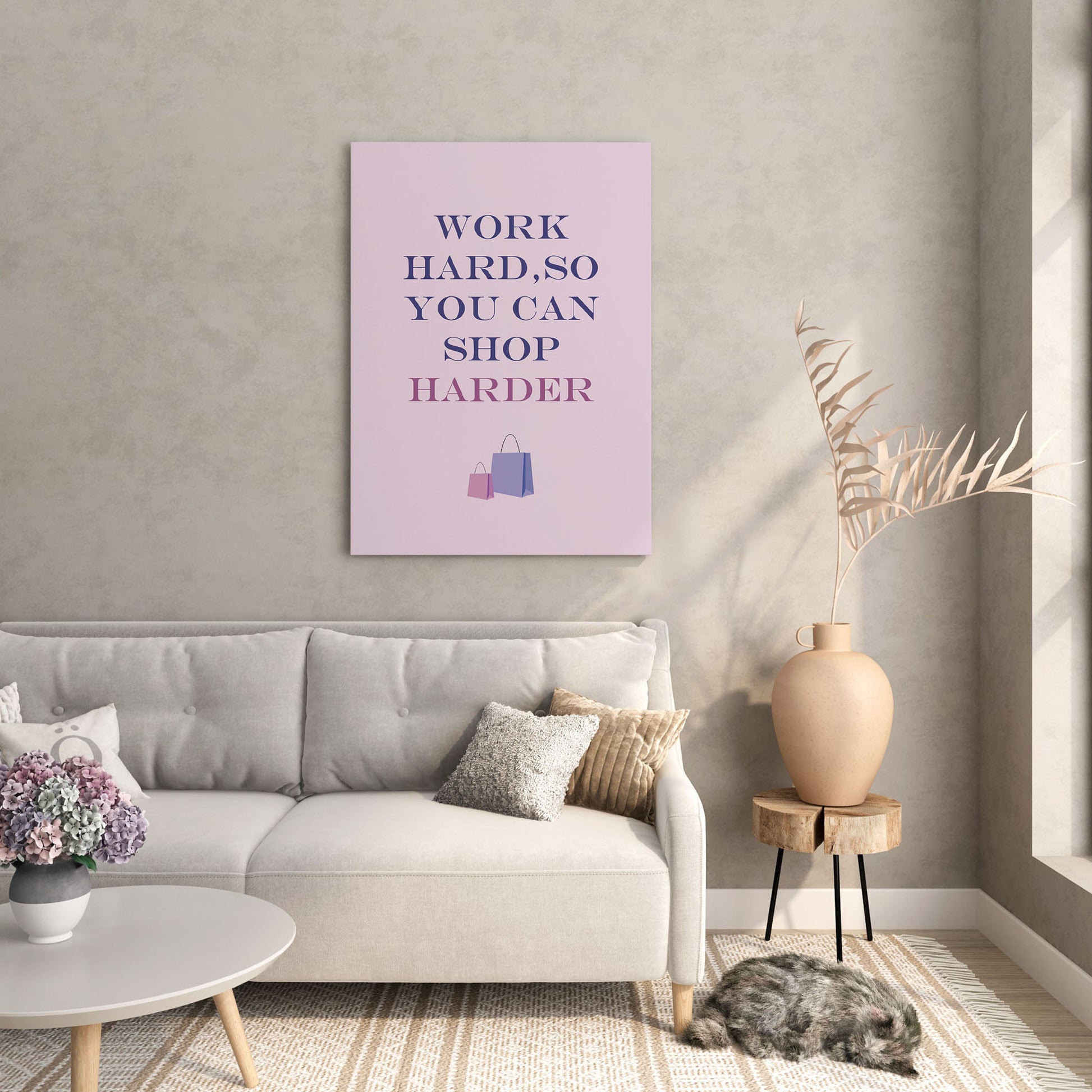 Chic and motivational printable wall art featuring the quote 'Work hard, so you can shop harder' in bold purple and pink gradient typography, with shopping bag illustrations on a soft pink background – perfect for fashion lovers, boutique decor, or glam office spaces