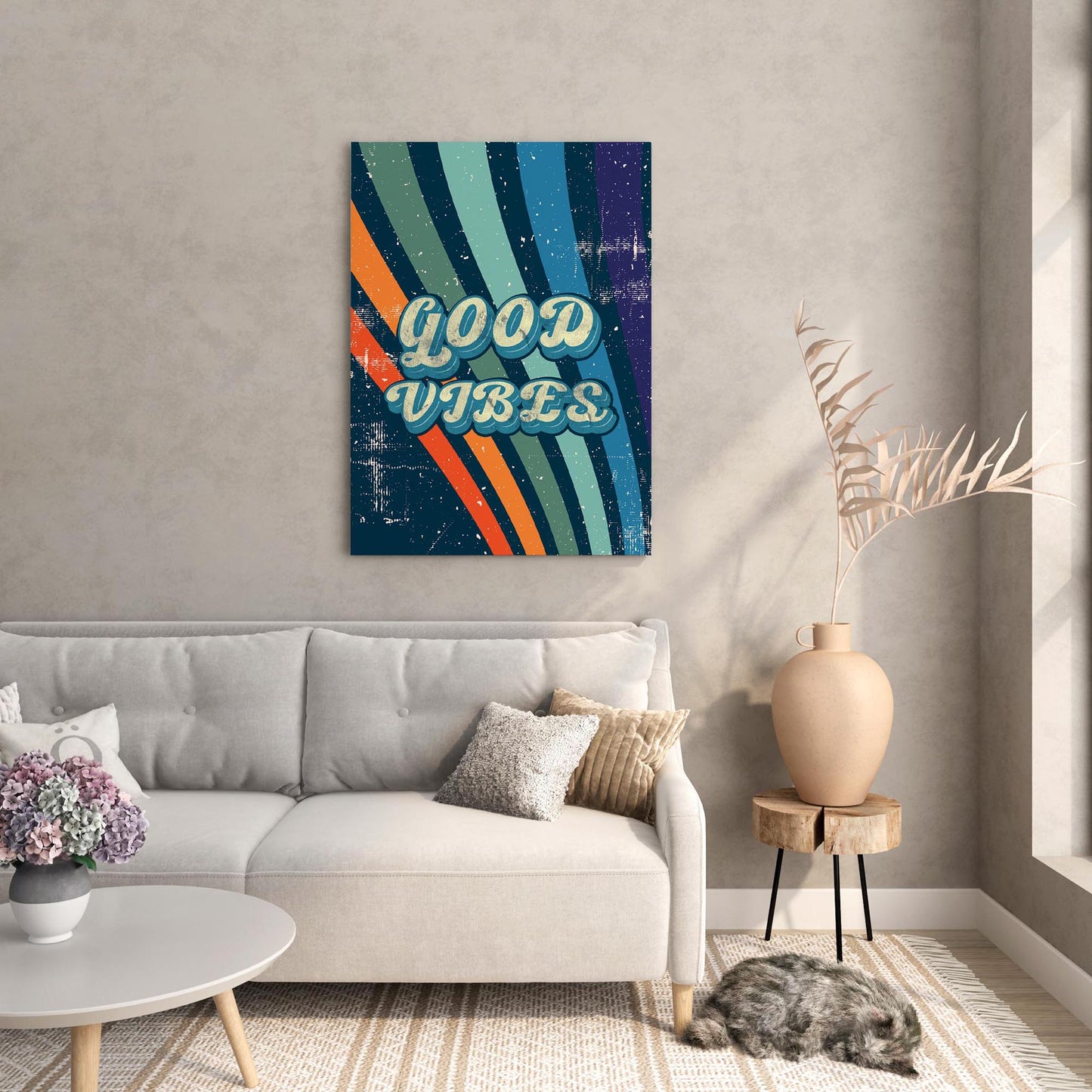 Printable wall art with a retro ‘Good Vibes’ typography in bold vintage-style letters, over a colorful striped background with a distressed, textured finish, perfect for positive, nostalgic home decor