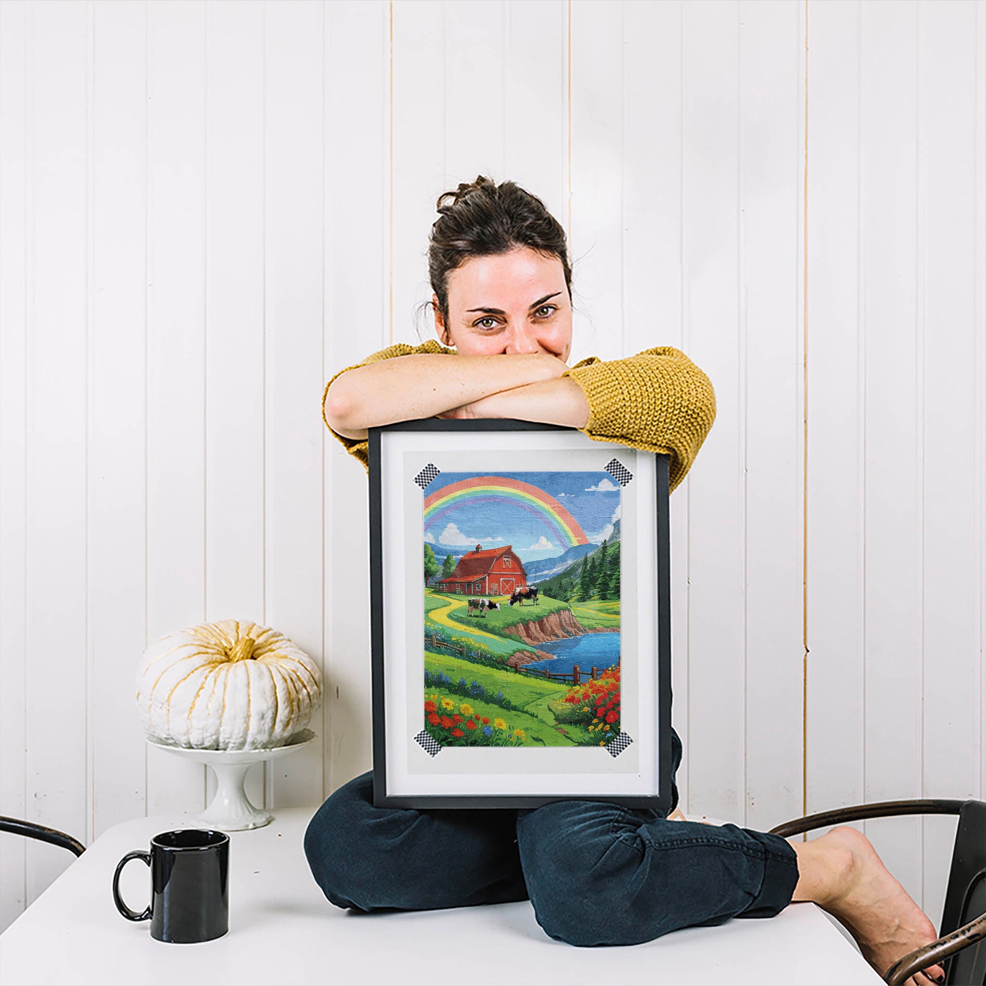 Charming countryside printable wall art featuring a vibrant red barn, grazing cows, colorful wildflowers, and a winding path beside a sparkling lake, all under a bright rainbow arching across a blue sky - perfect for farmhouse, cottagecore, or rural-themed decor