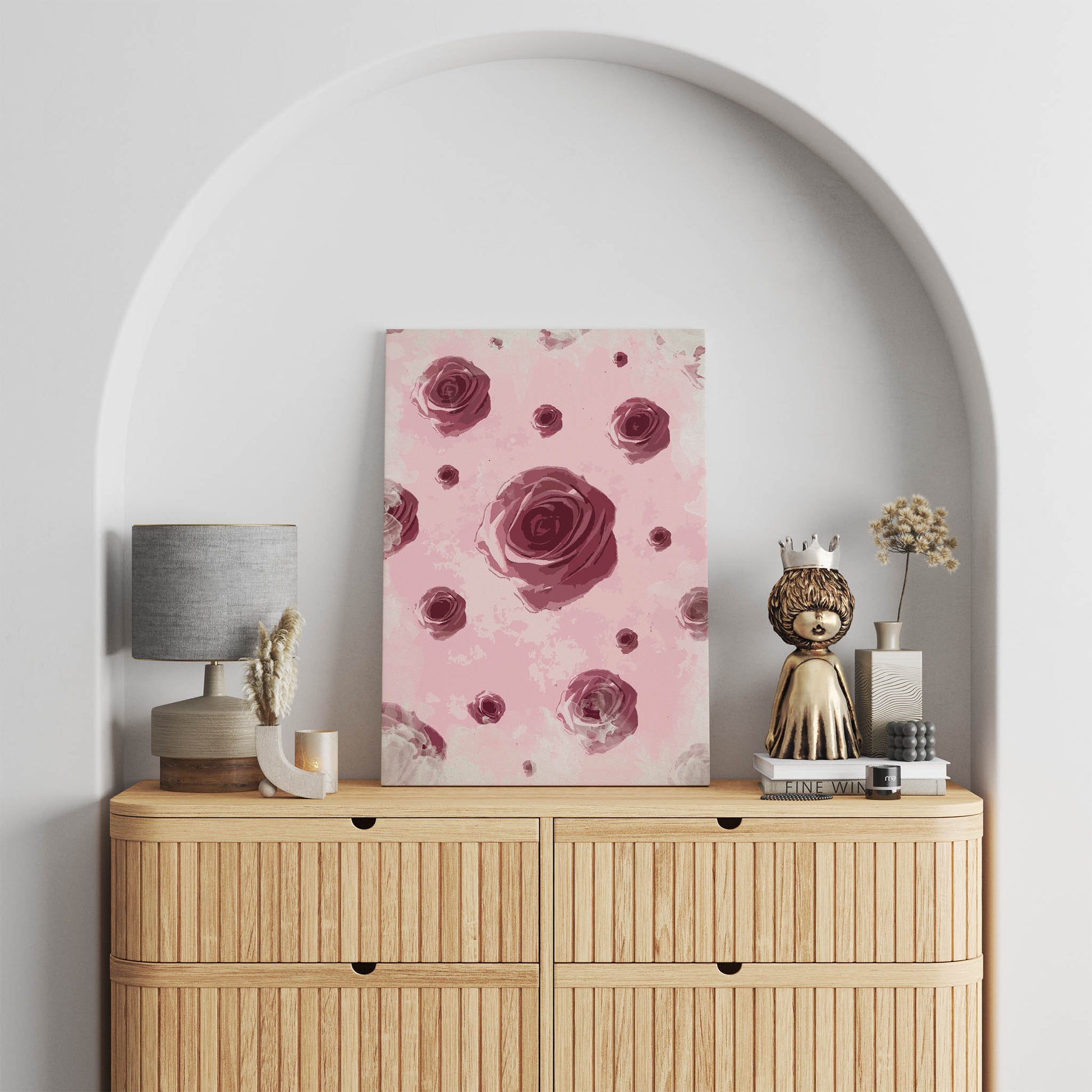 Romantic rose-themed printable wall art featuring a pattern of deep pink roses on a soft pastel background, perfect for feminine decor, bedroom walls, or Valentine’s Day gifts.