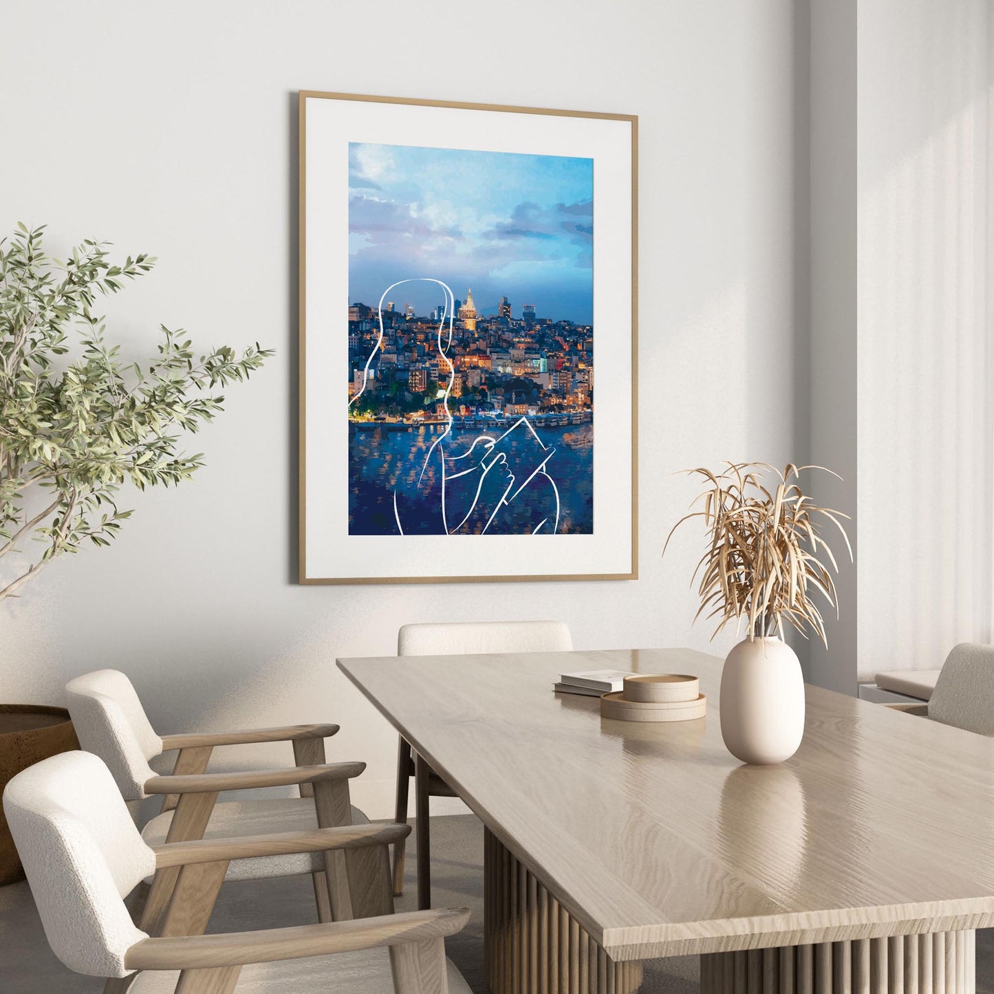 Scenic printable wall art featuring a glowing cityscape at dusk with an abstract white line drawing of a woman holding a book overlaying the waterfront view, a perfect blend of wanderlust, calm, and urban charm.