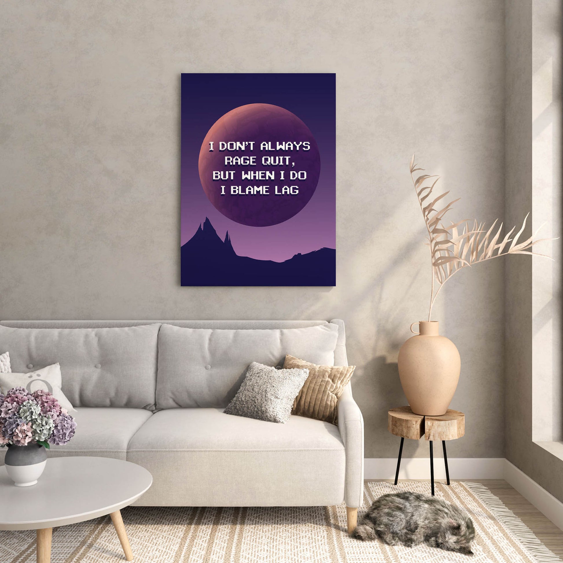 Pixelated gamer quote ‘I don’t always rage quit, but when I do I blame lag’ set against a digital moonlit landscape, humorous wall art for gamers and streaming setups