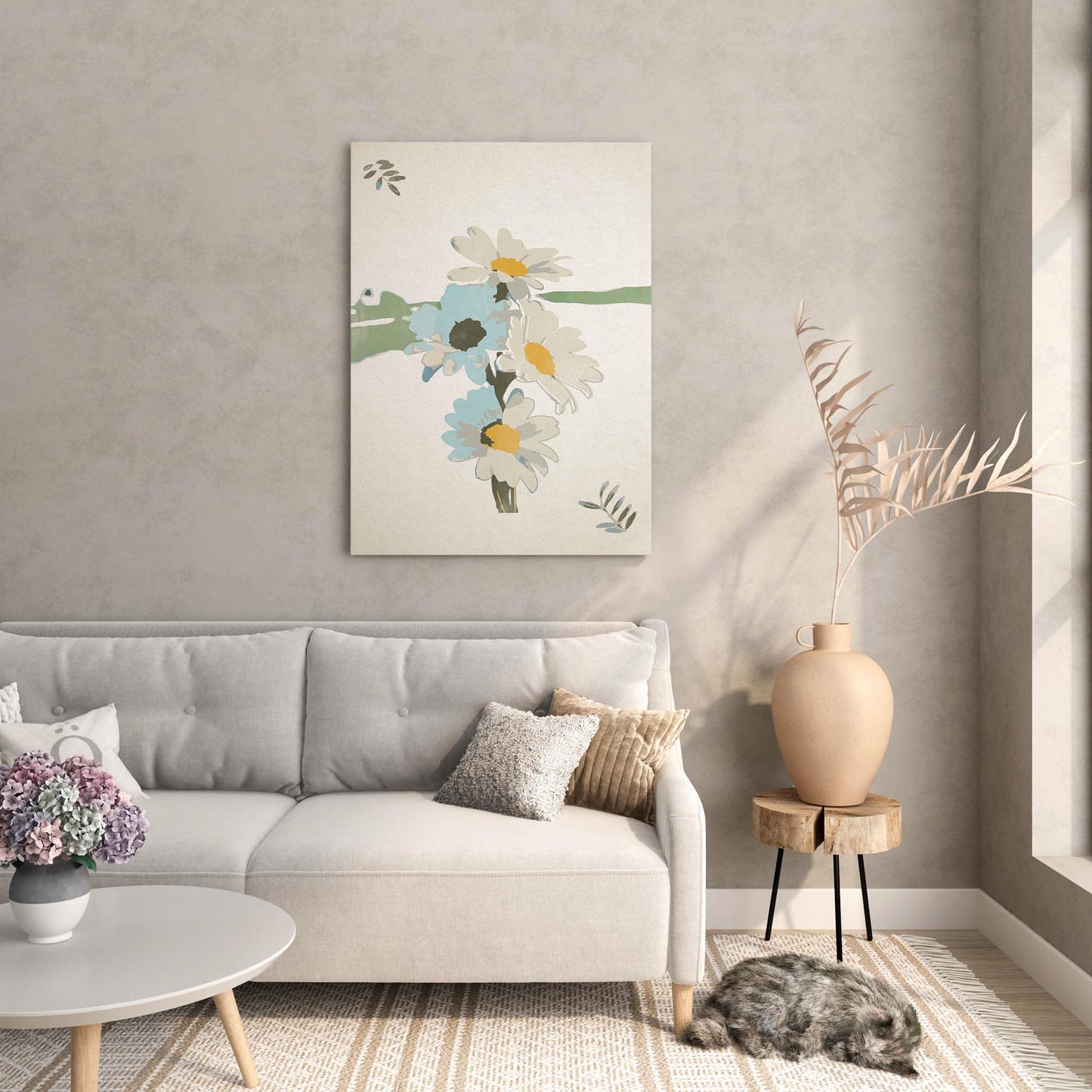 Minimalist printable wall art featuring hand-painted white daisies with yellow centers and soft blue accents, a calming botanical design perfect for bedroom, hallway, or cottagecore-inspired decor.