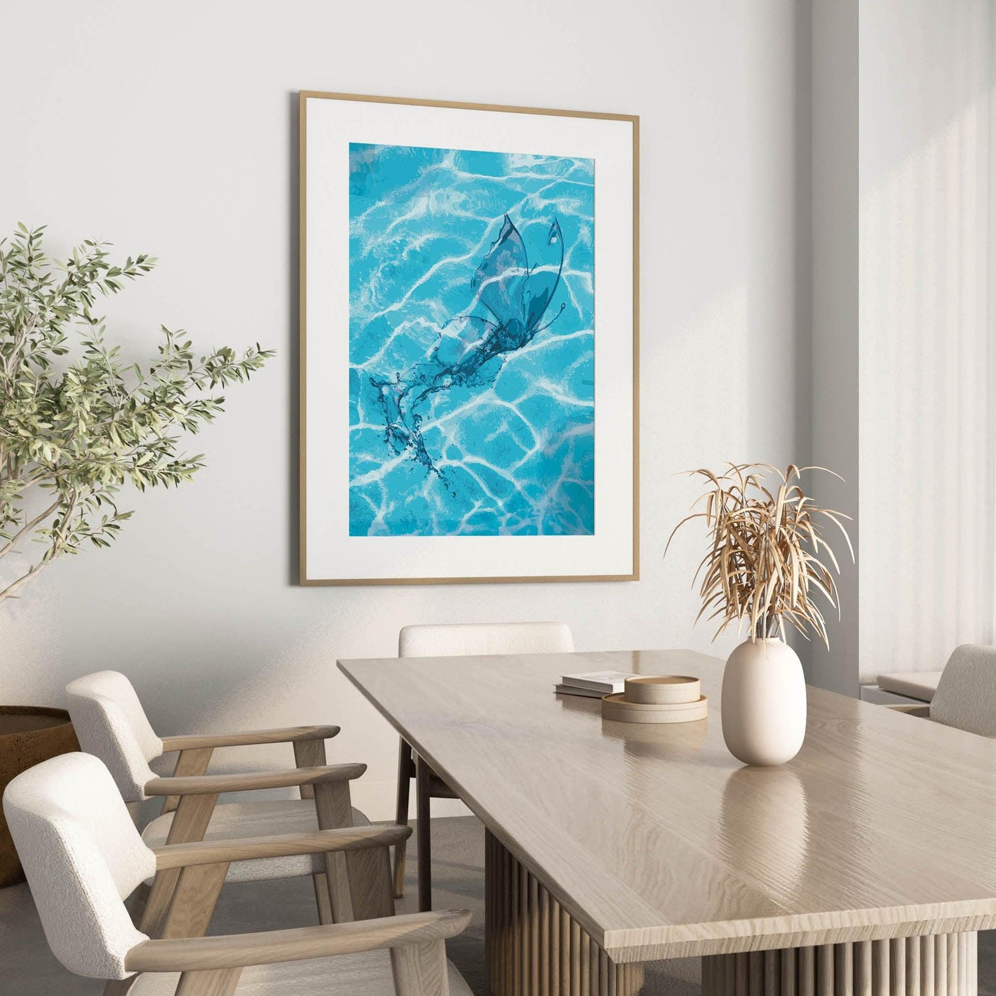 Abstract printable wall art featuring a transparent butterfly emerging from rippling turquoise water, perfect for serene, nature-inspired home decor