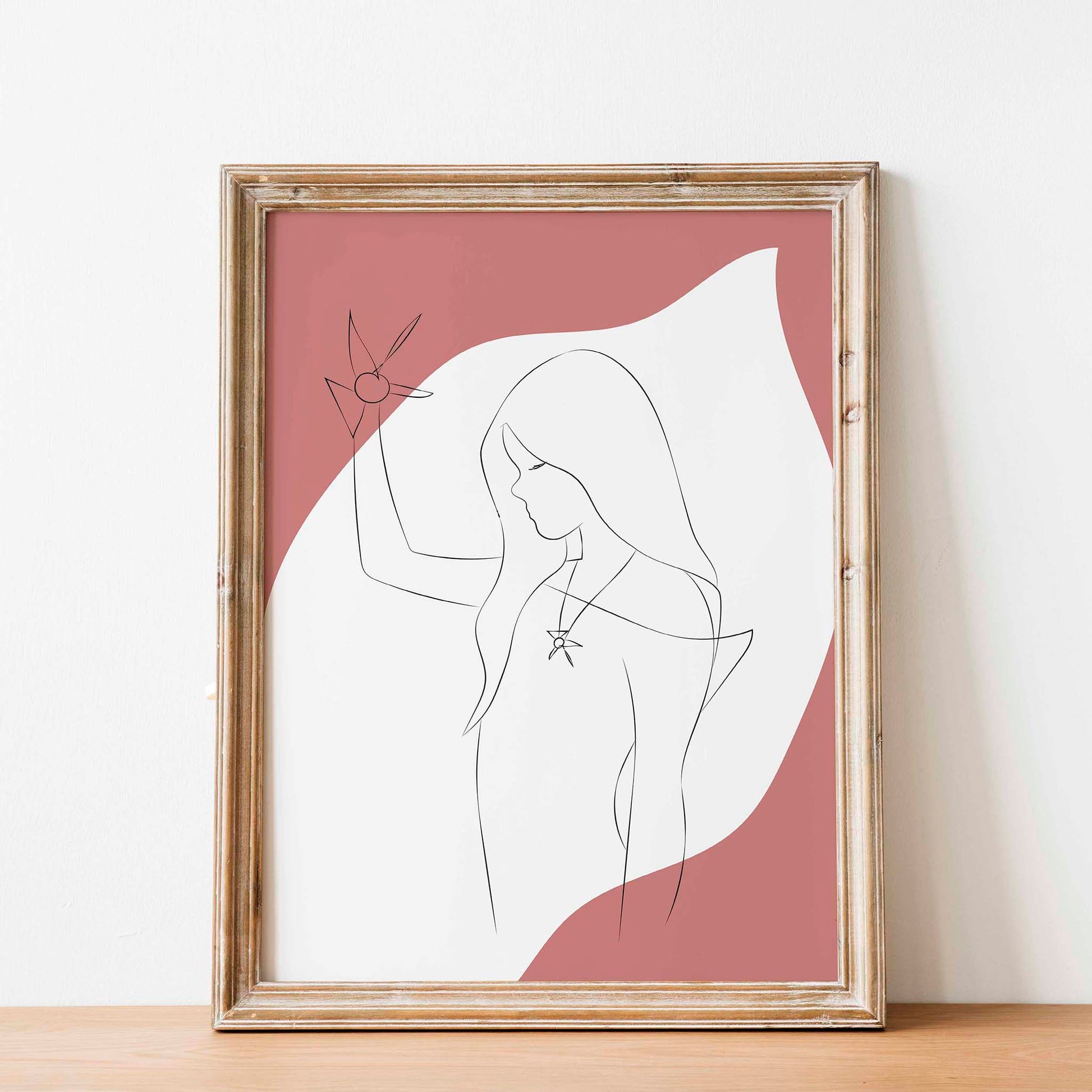Elegant minimalist line art of a woman holding a geometric star, with long flowing hair and pendant necklace, set against a pink and white abstract background, ideal for modern and feminine decor