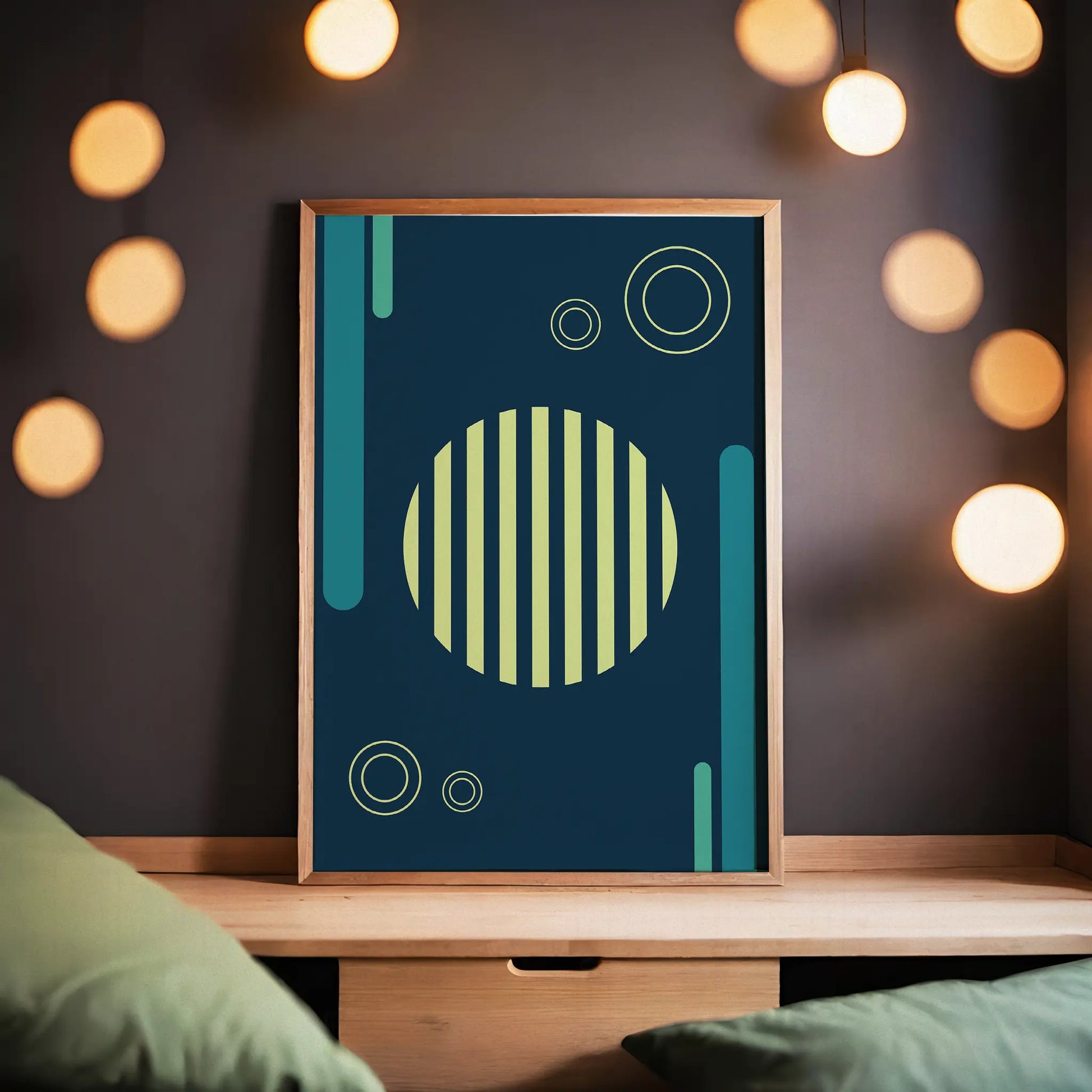 Modern geometric printable wall art featuring a striped yellow circle, outlined rings, and teal vertical shapes on a deep navy blue background, perfect for adding a bold, abstract touch to contemporary interiors