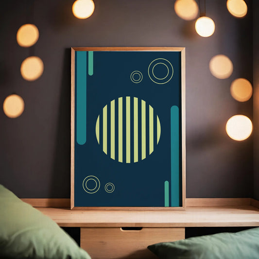Modern geometric printable wall art featuring a striped yellow circle, outlined rings, and teal vertical shapes on a deep navy blue background, perfect for adding a bold, abstract touch to contemporary interiors