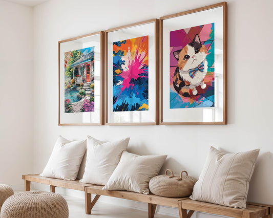 Set of 3 printable wall art pieces featuring a cosy cottage by a pond surrounded by flowers, a bold and dynamic multicolour paint splash, and an adorable calico cat with a plaid bowtie on a vibrant abstract background, perfect for brightening up eclectic or modern interiors.
