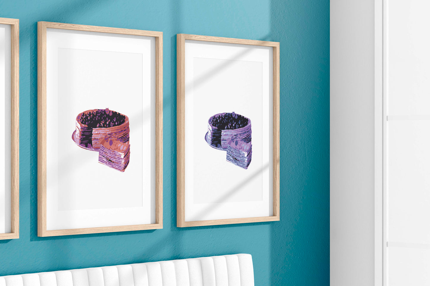 Minimalist wall art print featuring four stylized berry cakes in vibrant pink and purple tones, presented in pop-art inspired symmetry, perfect for modern kitchens, bakeries, or dessert lovers