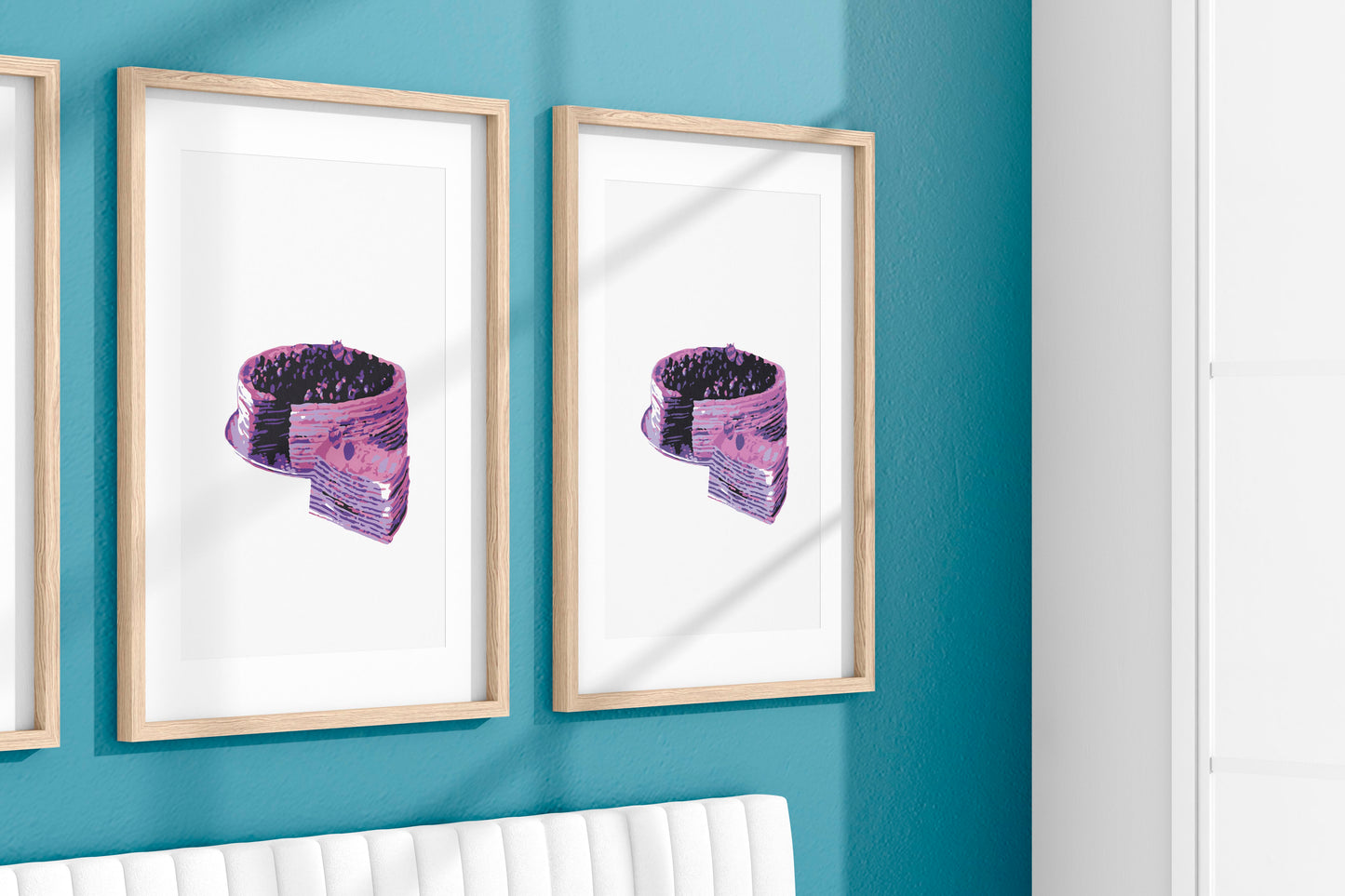 Minimalist wall art print featuring four stylized berry cakes in vibrant pink and purple tones, presented in pop-art inspired symmetry, perfect for modern kitchens, bakeries, or dessert lovers