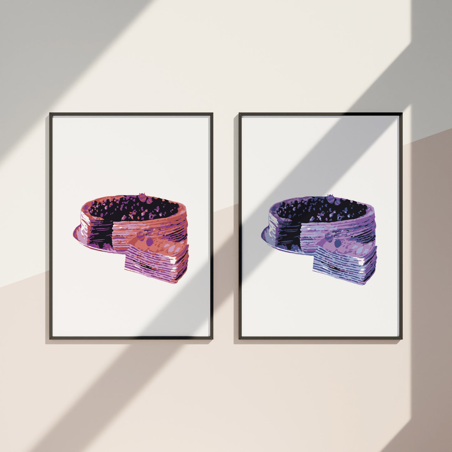 Minimalist wall art print featuring four stylized berry cakes in vibrant pink and purple tones, presented in pop-art inspired symmetry, perfect for modern kitchens, bakeries, or dessert lovers