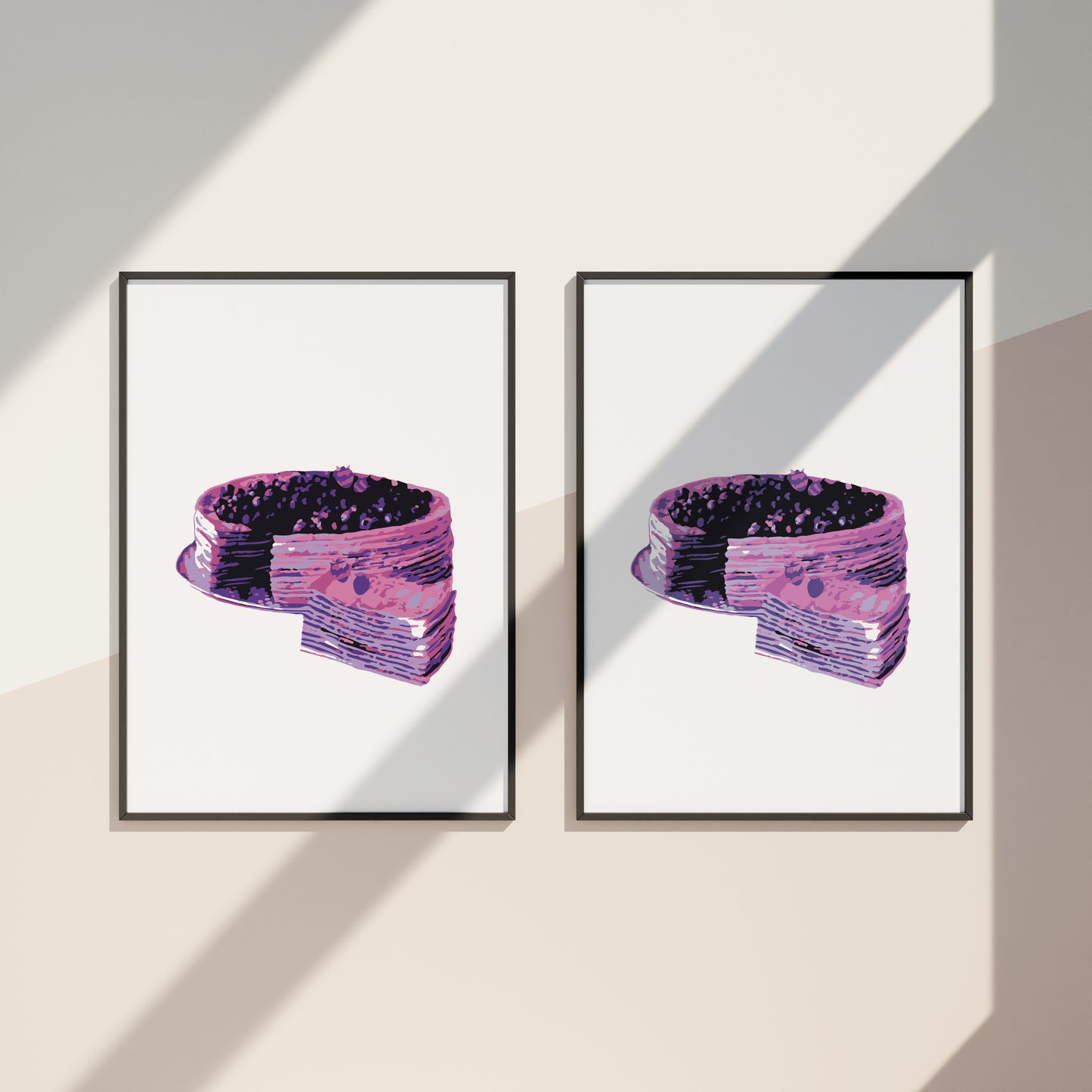 Minimalist wall art print featuring four stylized berry cakes in vibrant pink and purple tones, presented in pop-art inspired symmetry, perfect for modern kitchens, bakeries, or dessert lovers