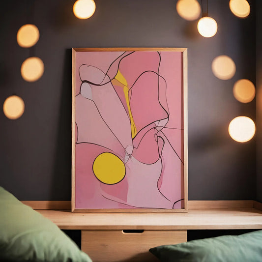 Abstract printable wall art featuring fluid pink shapes outlined with fine black lines, accented by a bold yellow circle and stroke, creating a modern and expressive composition perfect for contemporary interiors