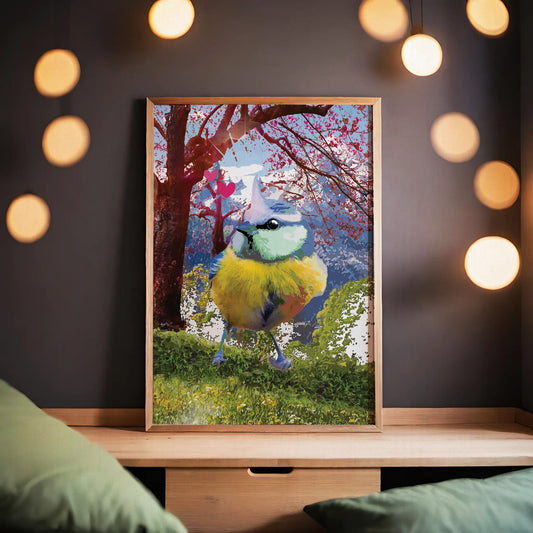 Printable wall art of a colorful songbird with vibrant blue, yellow, and green feathers standing on grass, with a dreamy cherry blossom tree, mountains, and pink hearts in the background, perfect for nature lovers and whimsical home decor