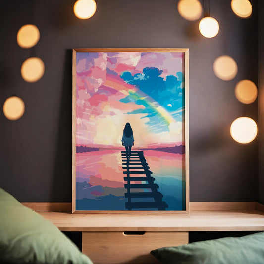 Colorful digital artwork of a girl walking on a wooden path toward a vivid rainbow in a dreamy sky, inspirational printable wall art for home or office decor