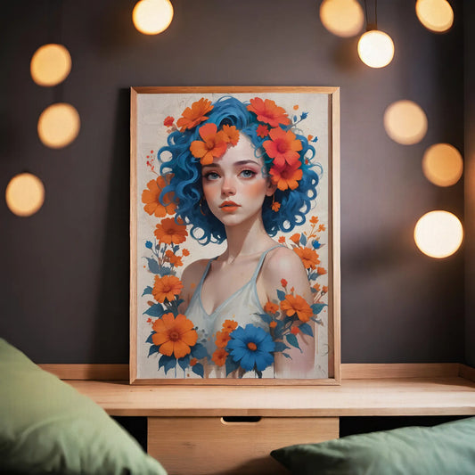 Whimsical digital portrait of a young woman with vibrant blue curly hair adorned with orange and red flowers, surrounded by matching blossoms - striking printable wall art for bold and artistic home decor