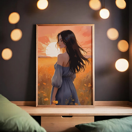 Romantic digital illustration of a woman in a flowing dress standing in a golden field of wildflowers at sunset, with the sun glowing warmly in the background - ideal for printable wall art